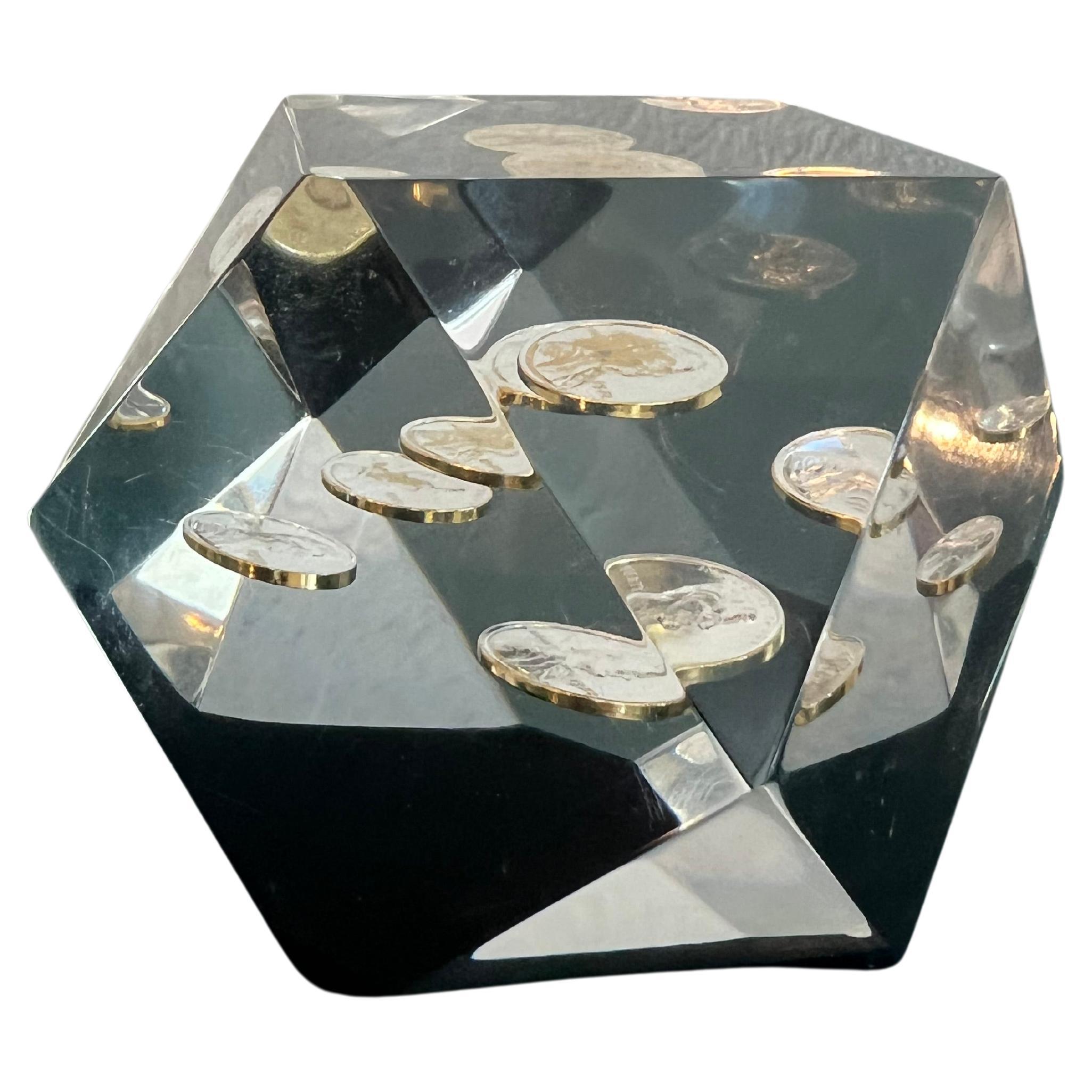 Floating Penny Geometric Lucite Paperweight  For Sale