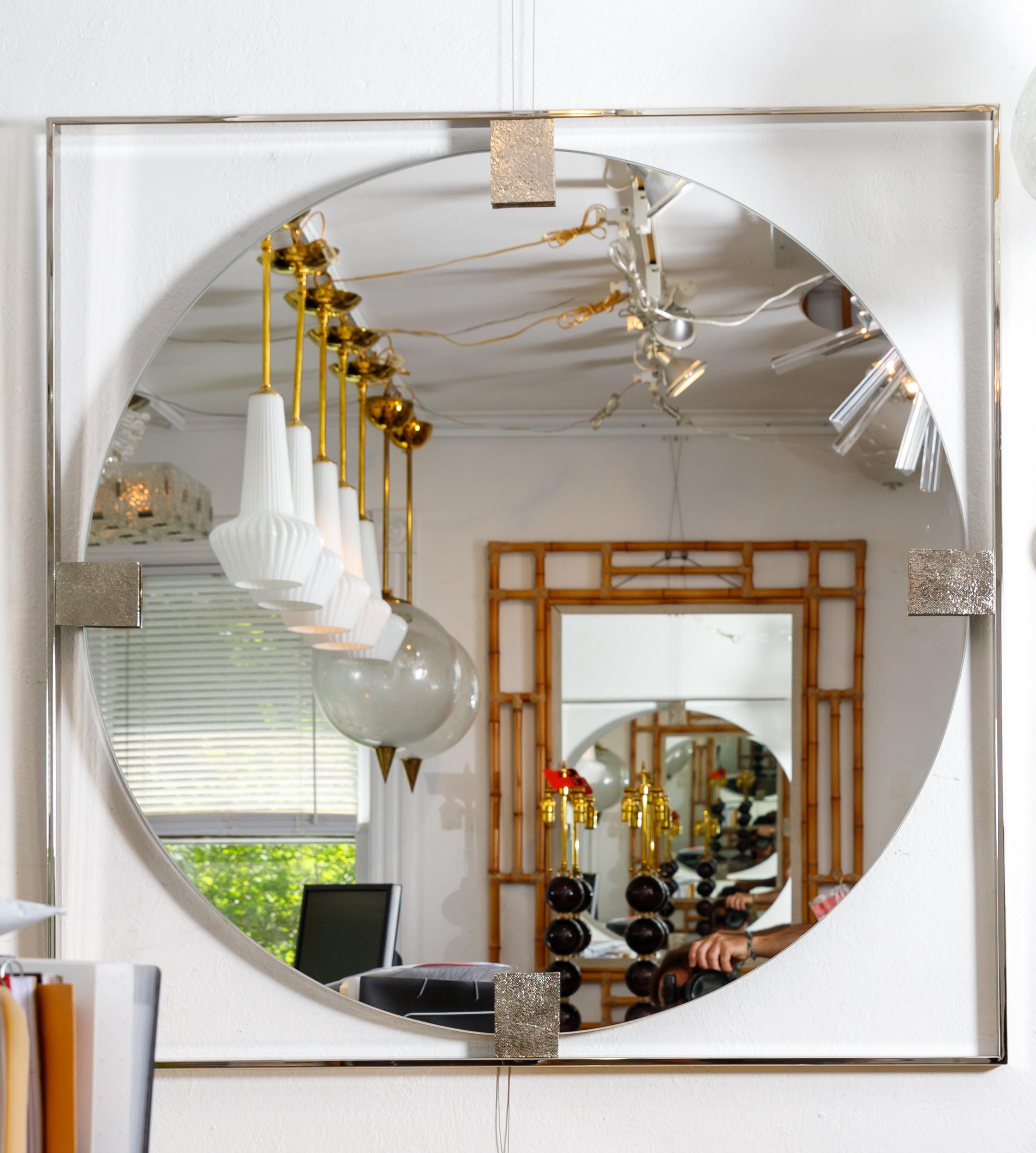 Modern Floating Round Mirror with Nickel Surround and Embossed Detail For Sale