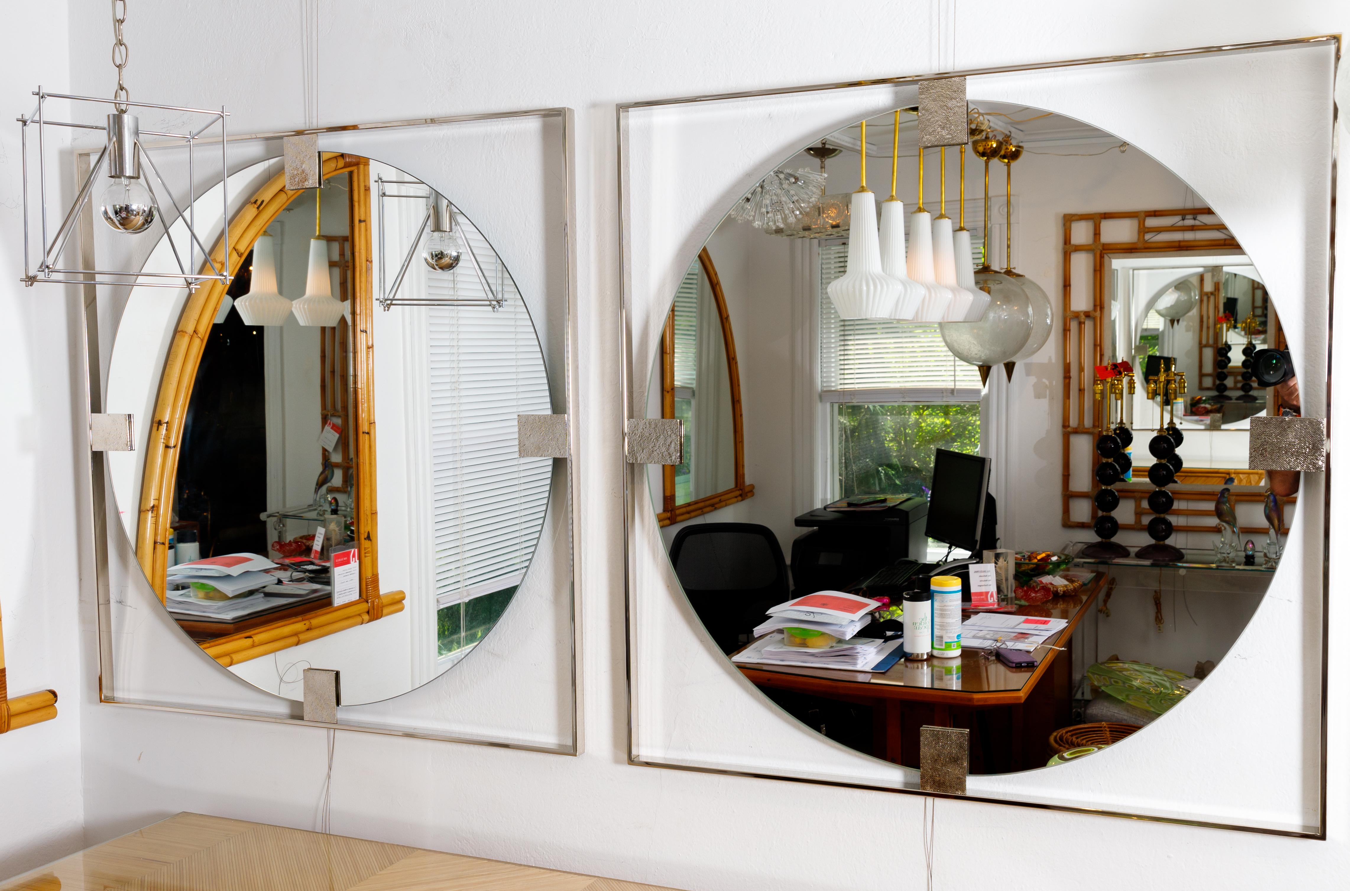 20th Century Floating Round Mirror with Nickel Surround and Embossed Detail For Sale