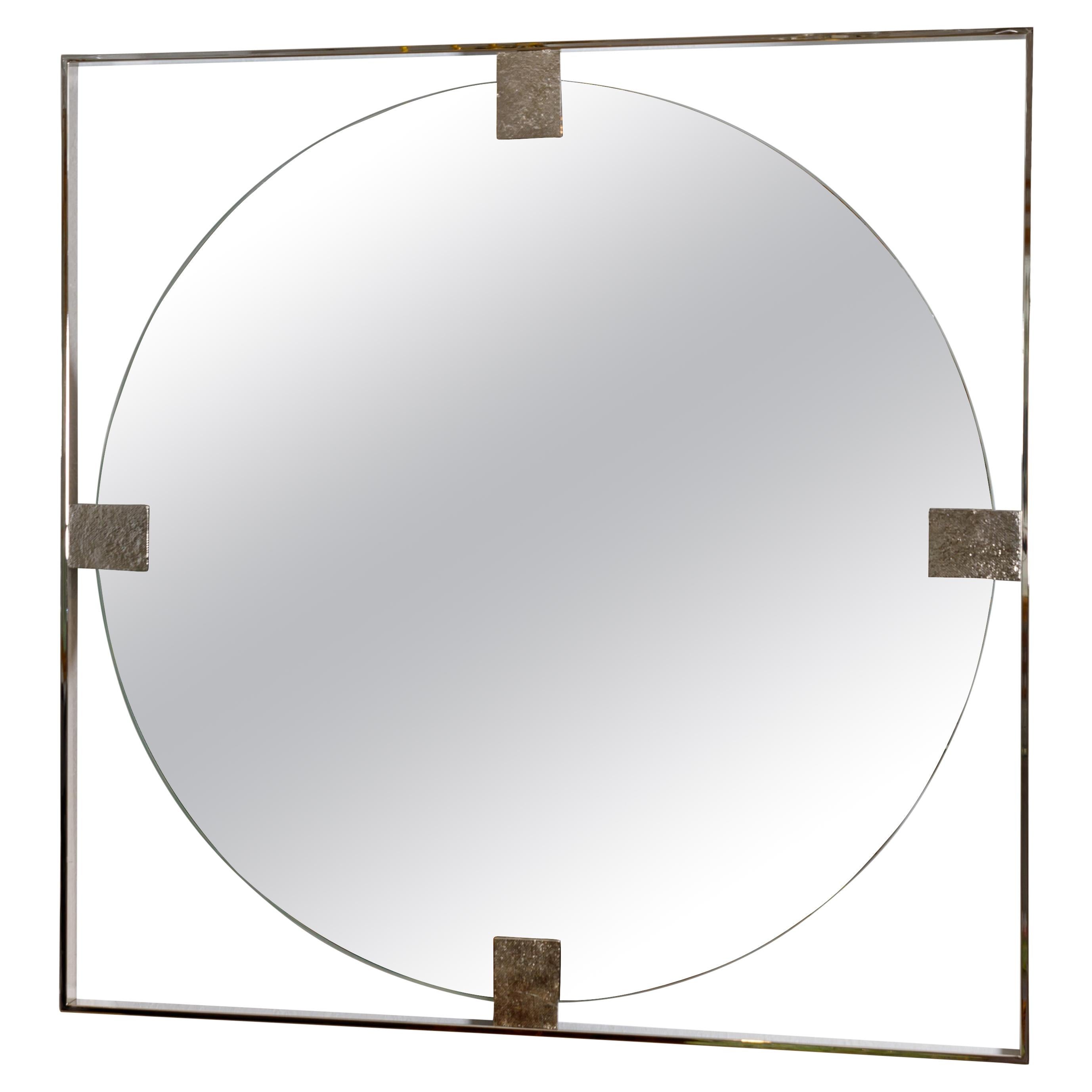 Floating Round Mirror with Nickel Surround and Embossed Detail For Sale