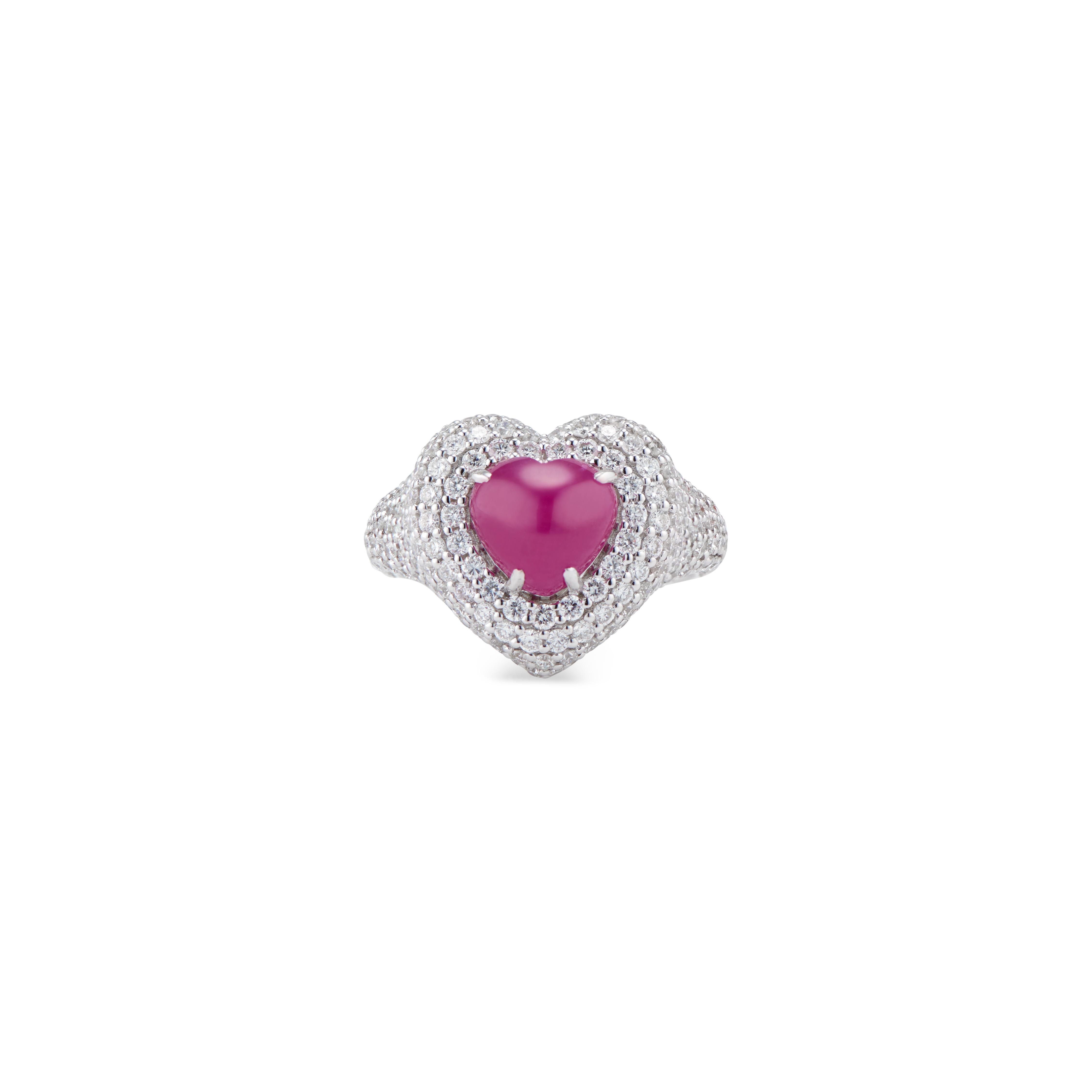 Appearing to float along a strand of diamonds, a vivid pink, heart-shaped ruby makes an impactful impression in Ri Noor’s Floating Ruby Heart and Diamond Necklace. Round diamonds increase in size towards the central element of the necklace, creating