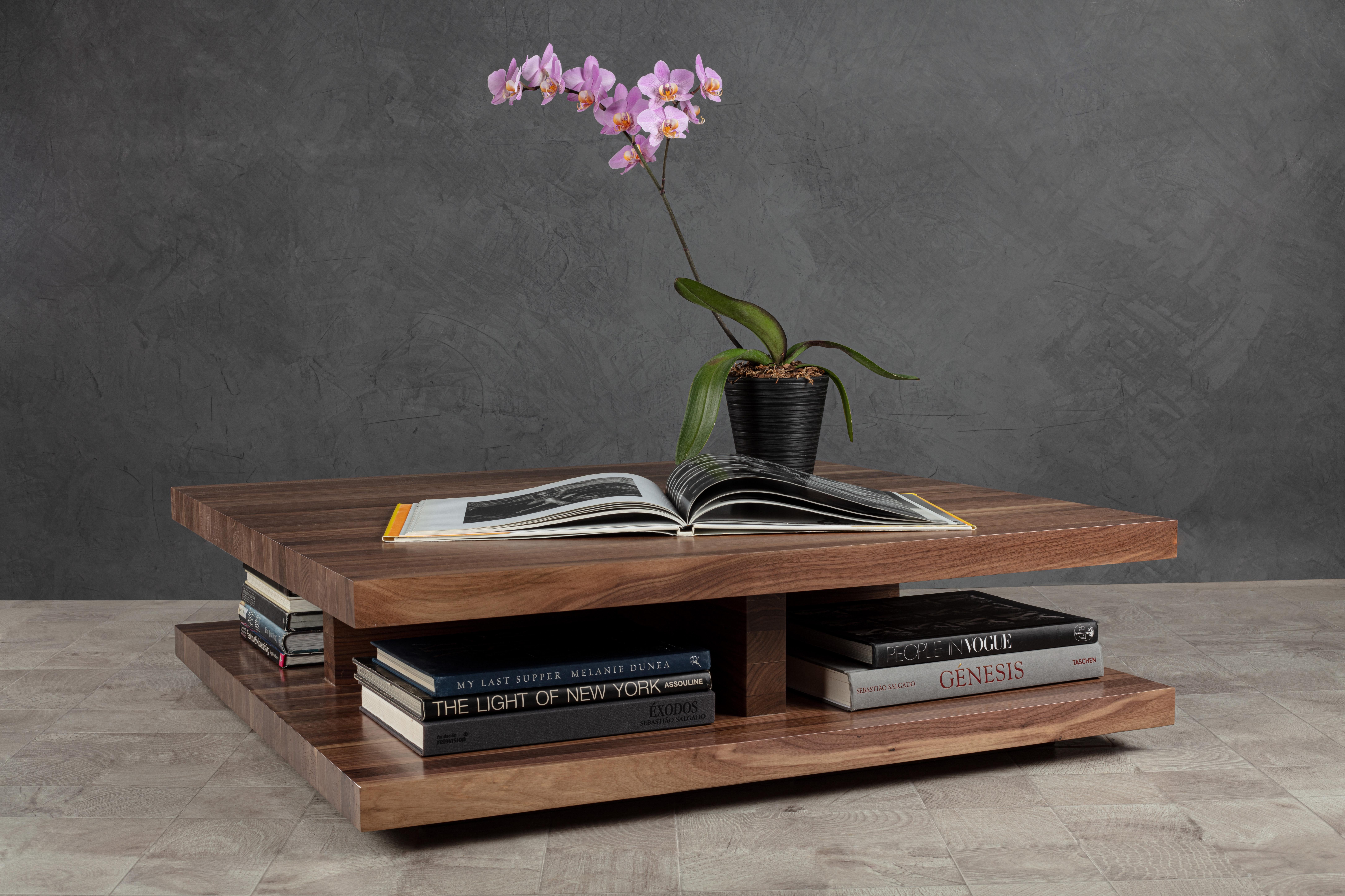 Contemporary Floating Square Coffee Table in Solid Walnut by No Age Studio For Sale