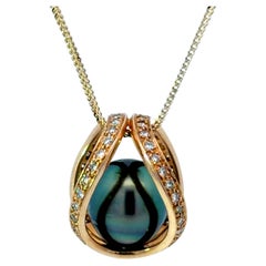 Collana con cesto di diamanti tahitiani fluttuanti in oro giallo 14k