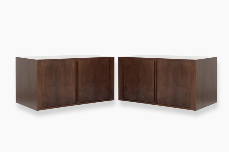 Set of fully restored floating tambour cabinets designed by Jorgen Clausen for Brande Møbelfabrik, produced in Denmark, circa 1950s.
 
  