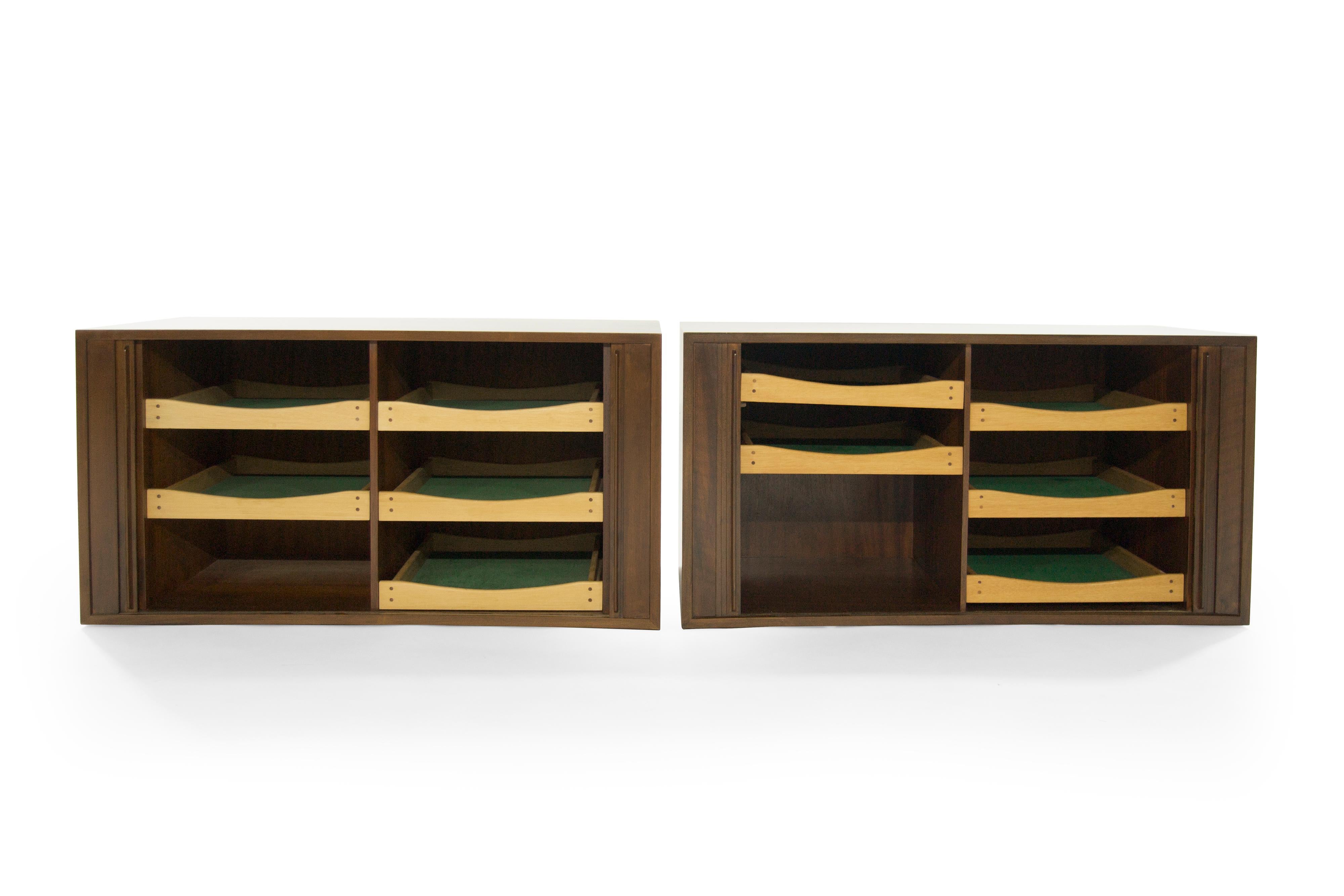 Walnut Floating Tambour Door Cabinets by Jorgen Clausen, Denmark, 1950s