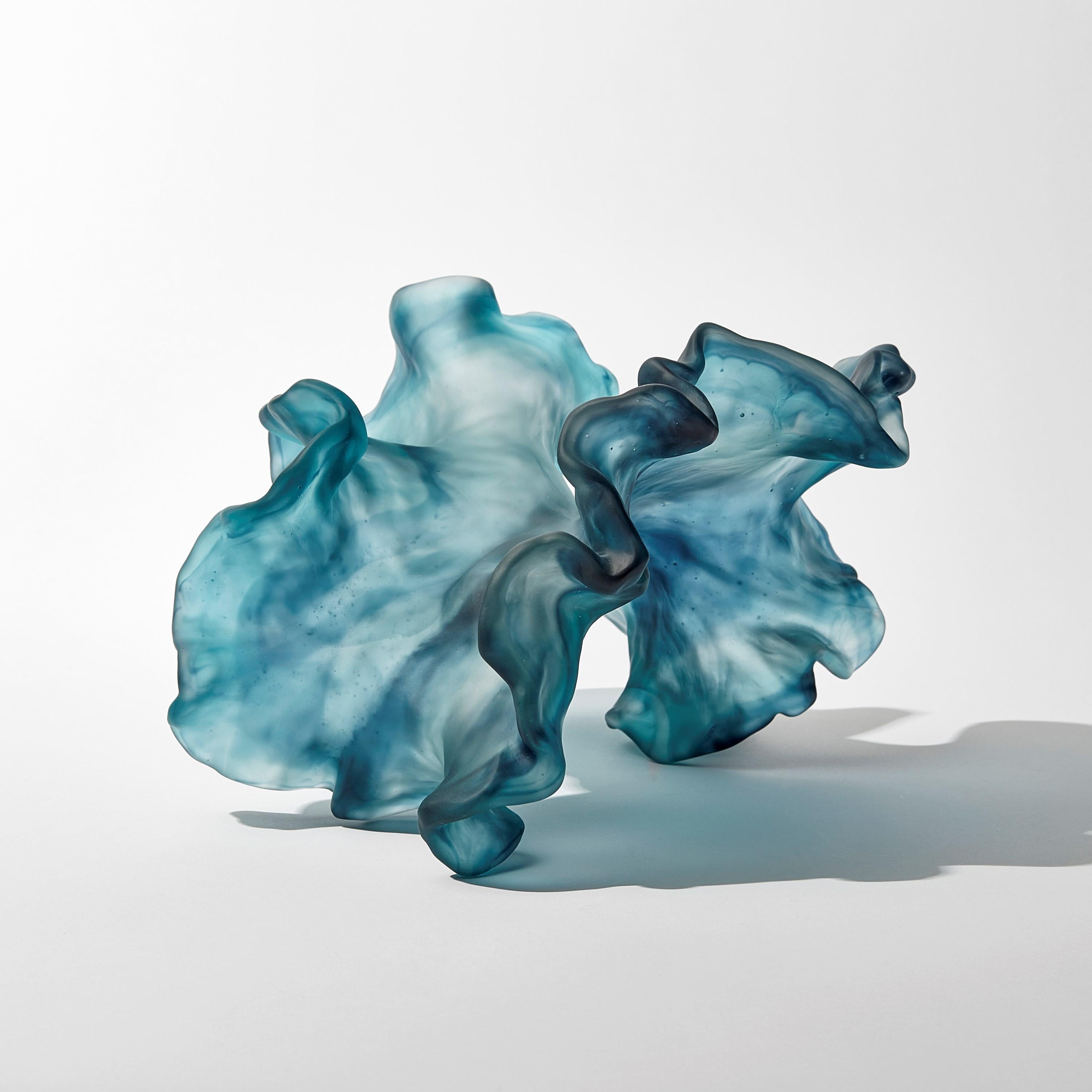 Organic Modern Floating Twist, teal blue cast glass ethereal organic artwork by Monette Larsen For Sale