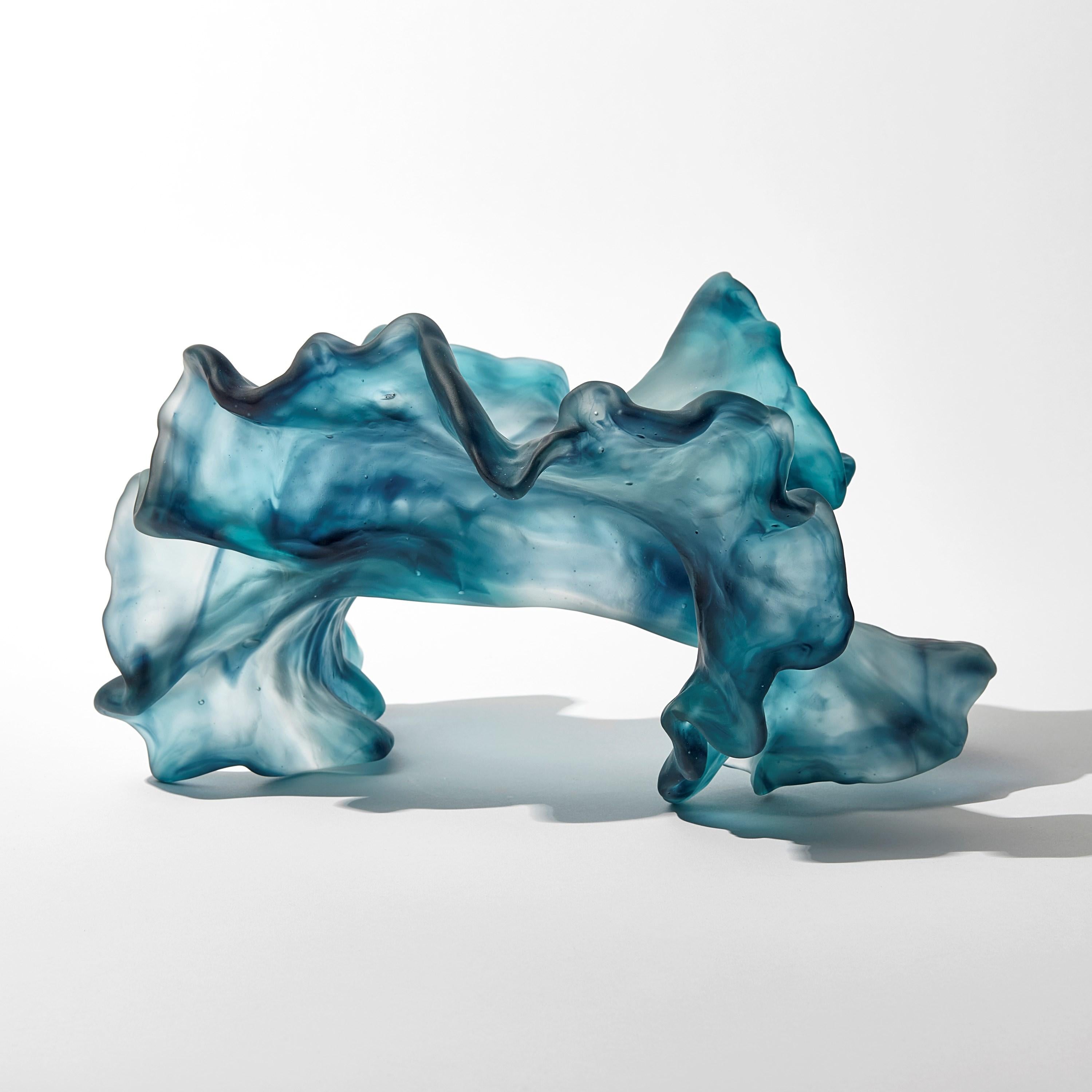 British Floating Twist, teal blue cast glass ethereal organic artwork by Monette Larsen For Sale