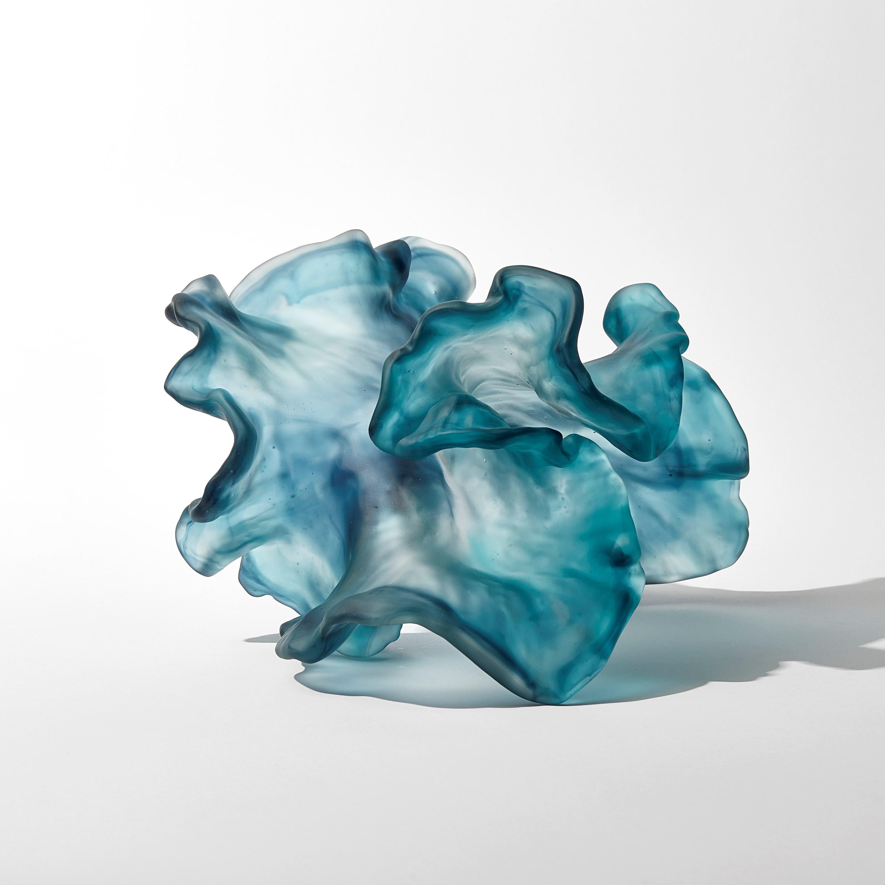 Cast Floating Twist, teal blue cast glass ethereal organic artwork by Monette Larsen For Sale