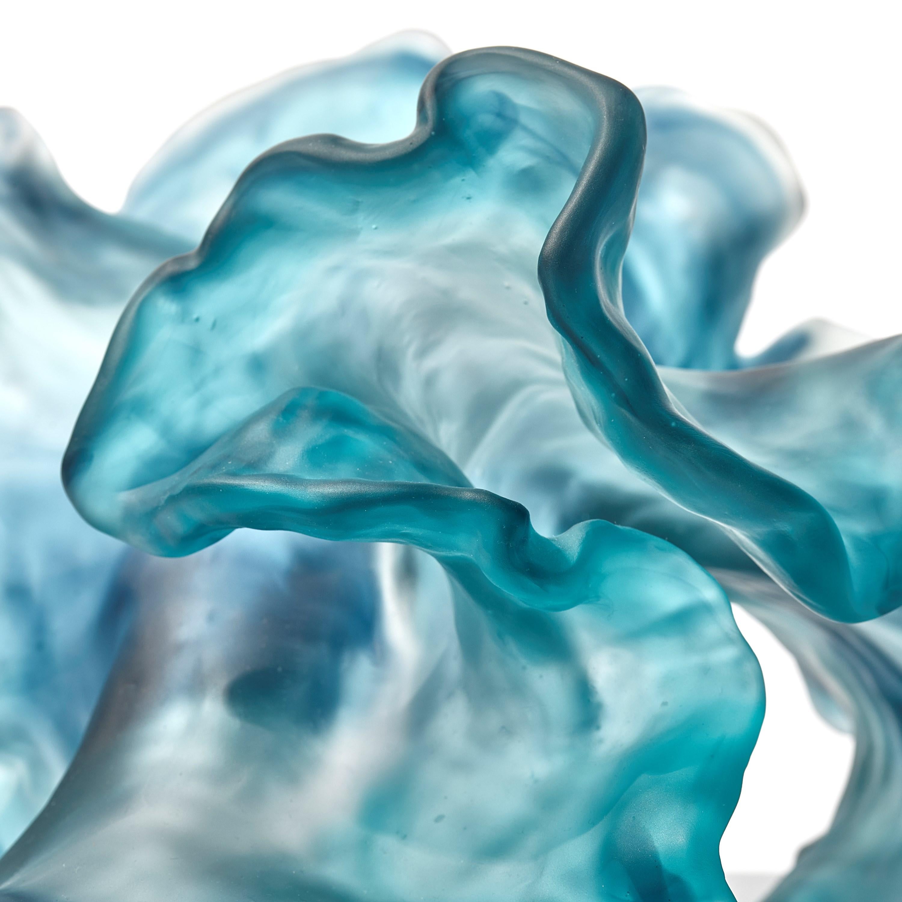 Contemporary Floating Twist, teal blue cast glass ethereal organic artwork by Monette Larsen For Sale