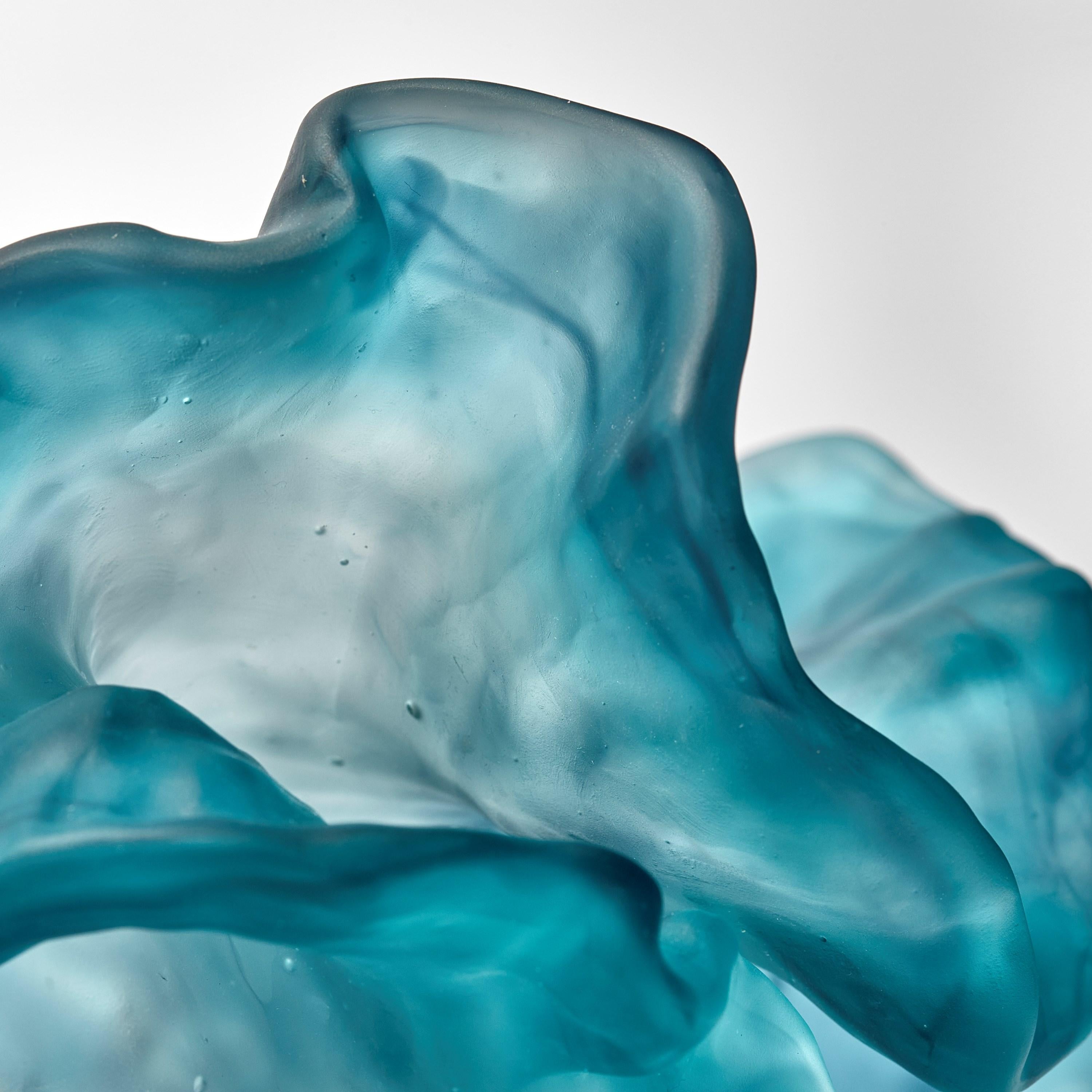 Blown Glass Floating Twist, teal blue cast glass ethereal organic artwork by Monette Larsen For Sale