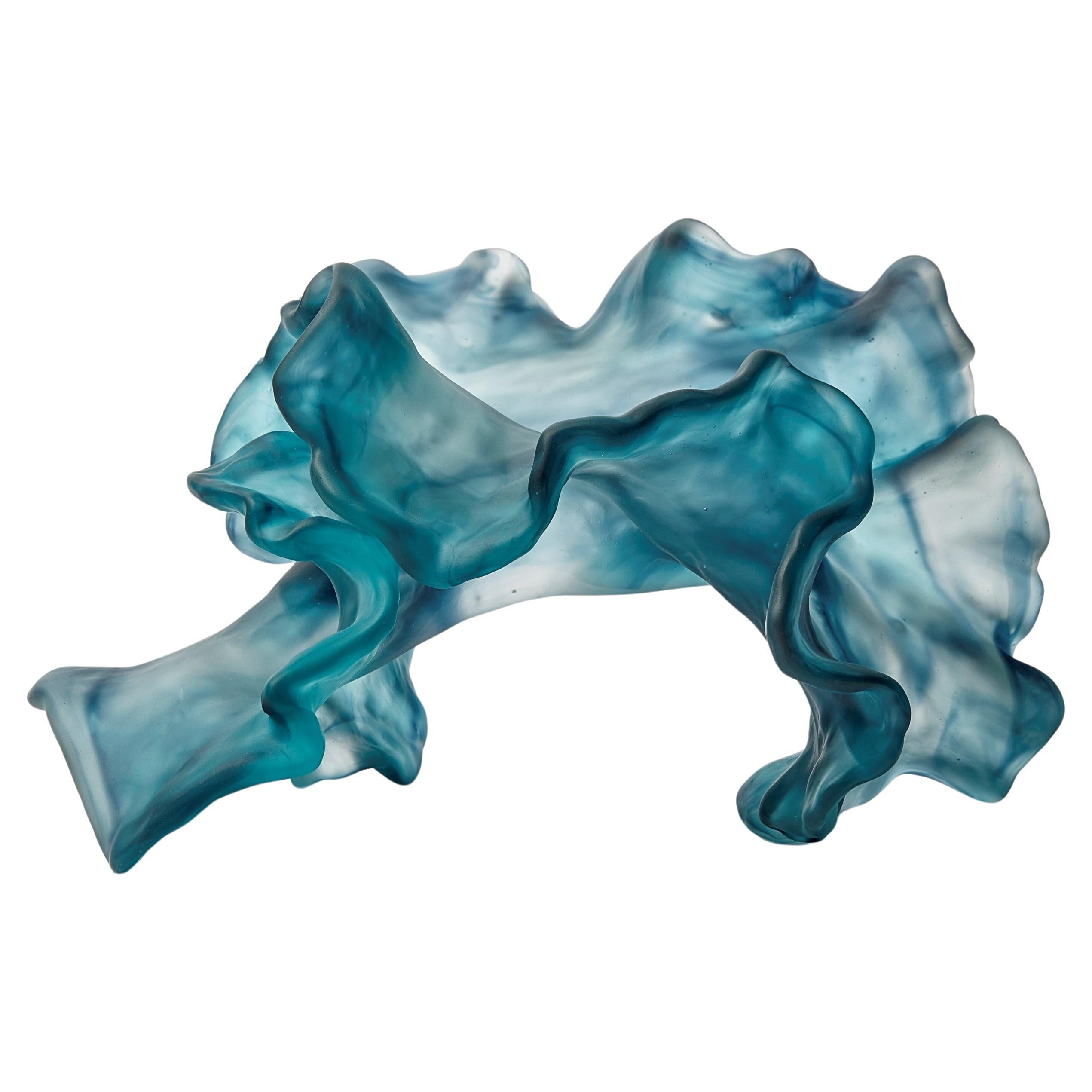 Floating Twist, teal blue cast glass ethereal organic artwork by Monette Larsen For Sale