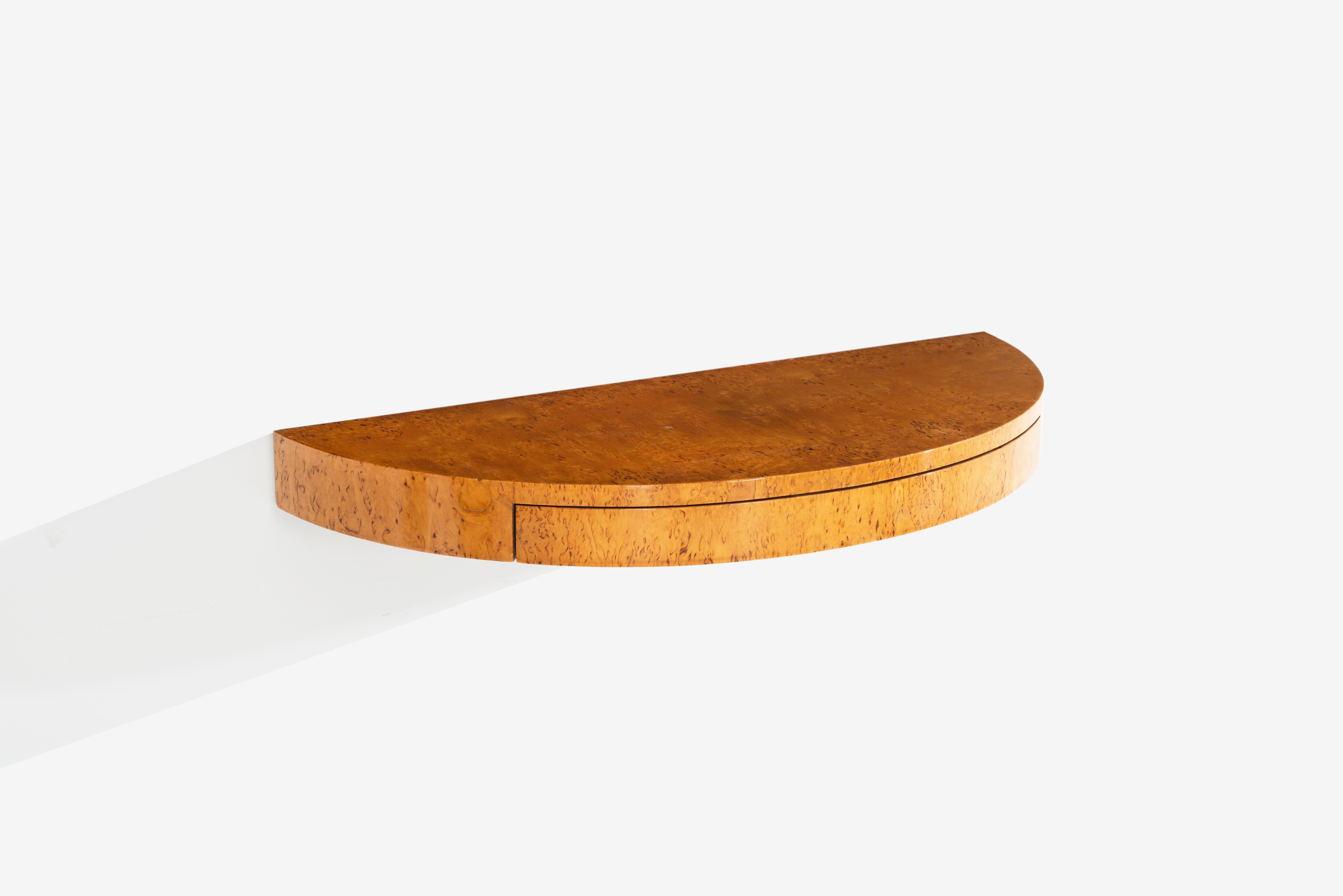 Floating wall console demilune by Edward Wormley for Dunbar
A early designed wall-mounted floating shelf with pull-out drawer, model No. 4903.(fastens to wall with screws or toggle bolts) Finished with a birch burl veneer. In the last image, a