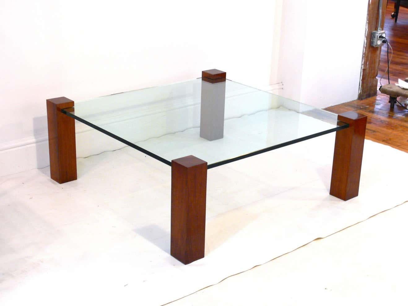 20th Century Floating Walnut and Glass Coffee Table Legs For Sale