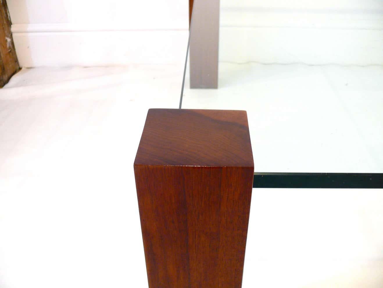 Floating Walnut and Glass Coffee Table Legs For Sale 1