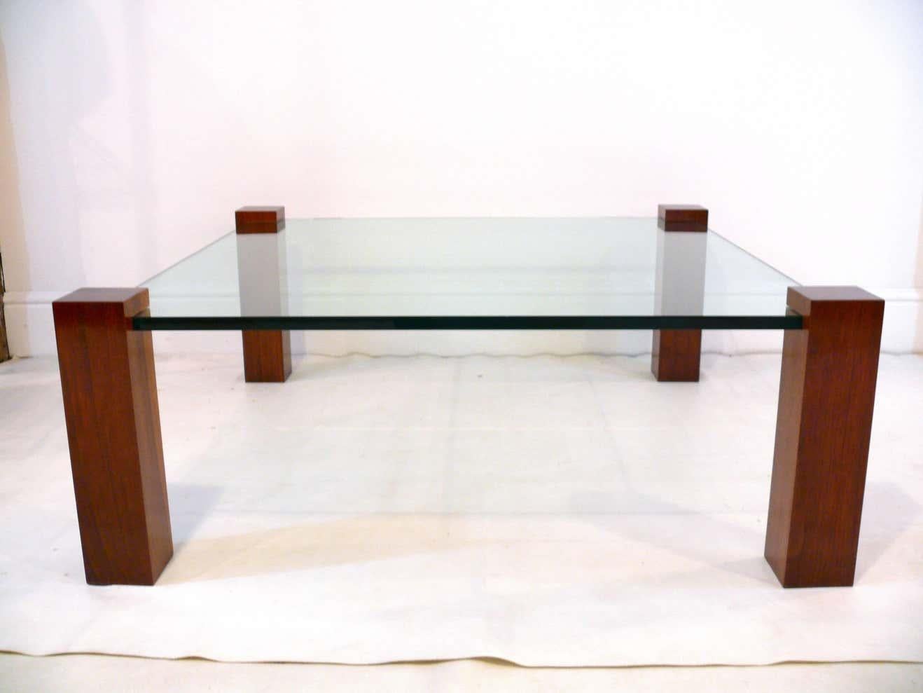 Floating Walnut and Glass Coffee Table Legs For Sale 2