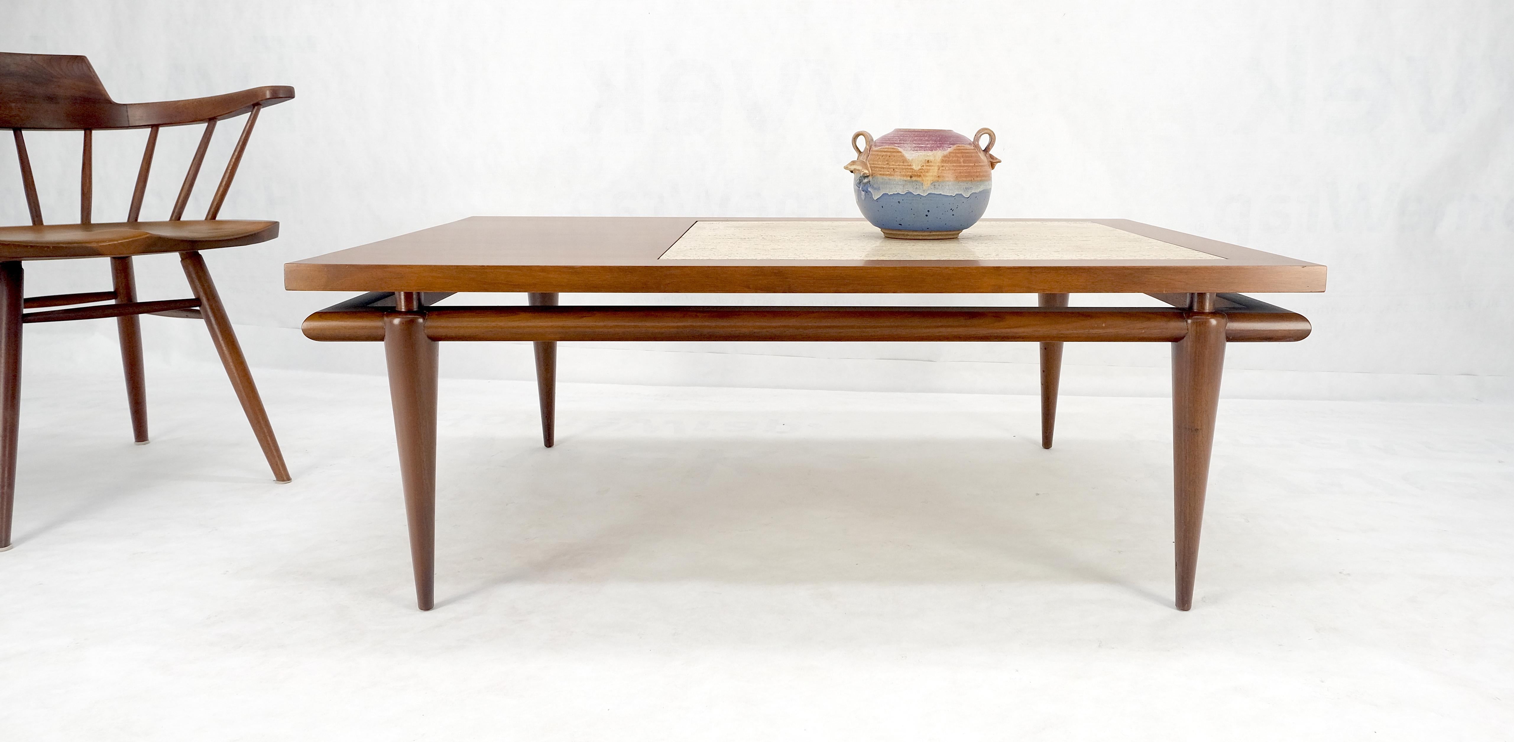 American Floating Walnut Top Travertine Insert Tapered legs Rectangle Coffee Table MINT! For Sale