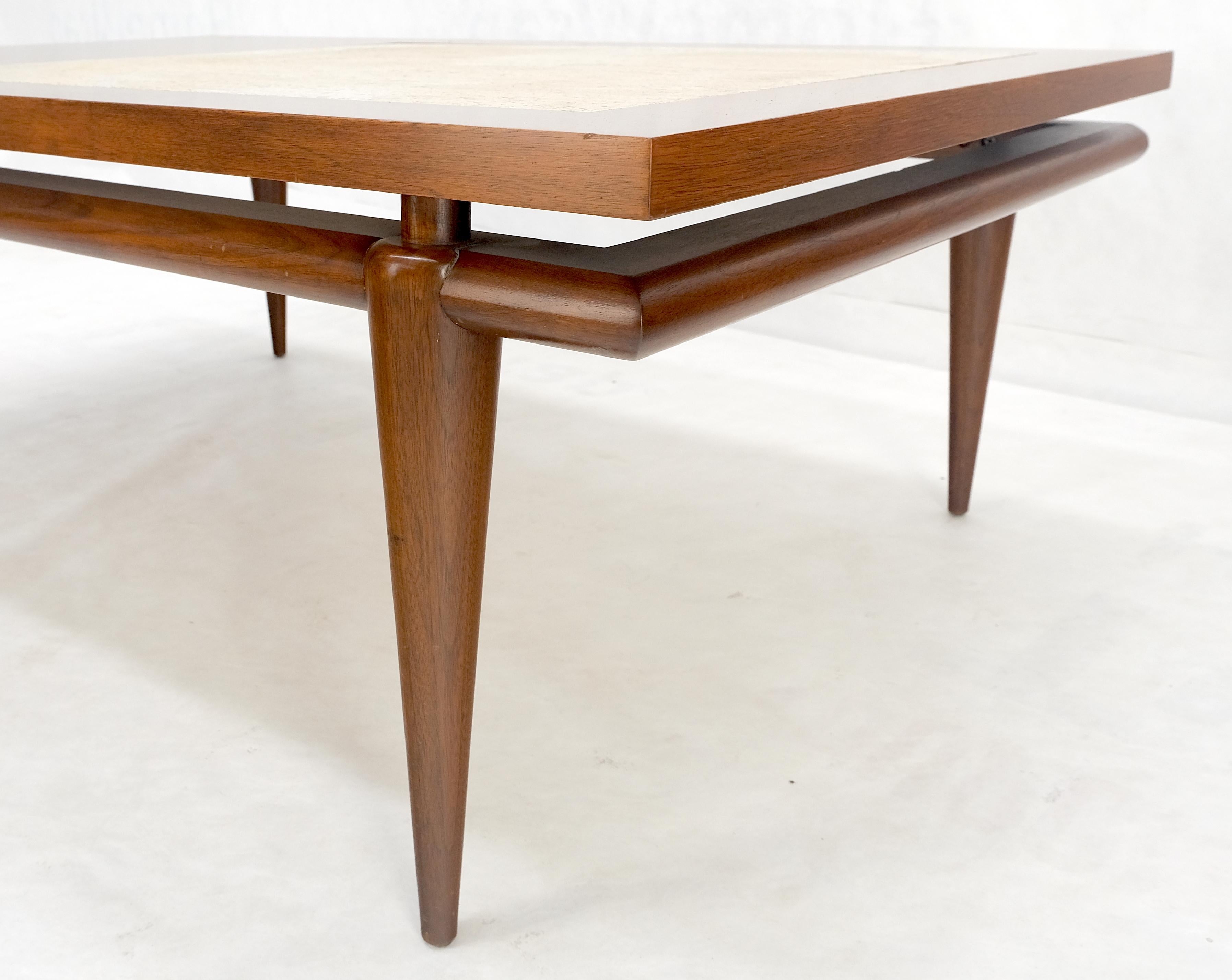 Lacquered Floating Walnut Top Travertine Insert Tapered legs Rectangle Coffee Table MINT! For Sale