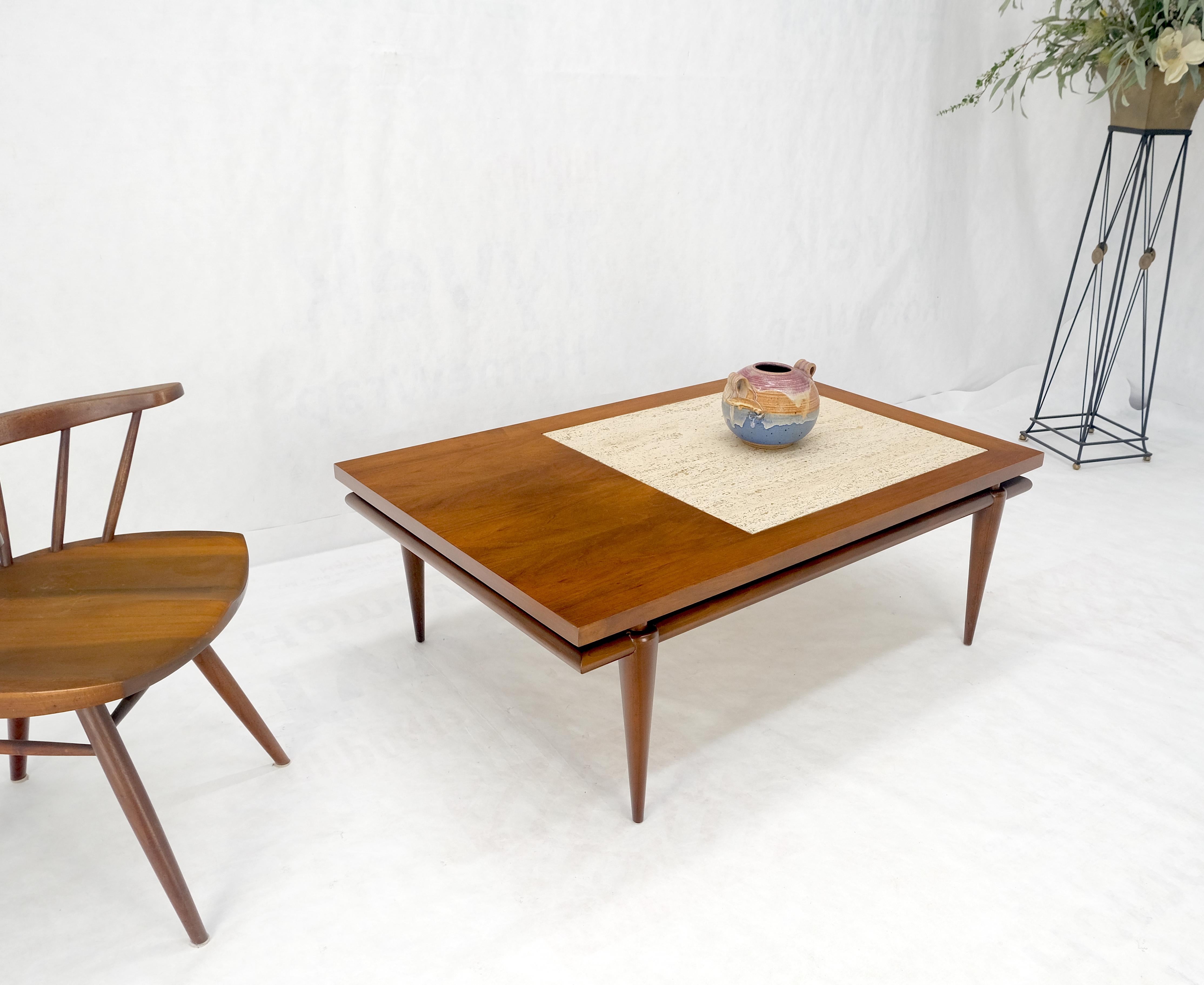 Floating Walnut Top Travertine Insert Tapered legs Rectangle Coffee Table MINT! In Excellent Condition For Sale In Rockaway, NJ