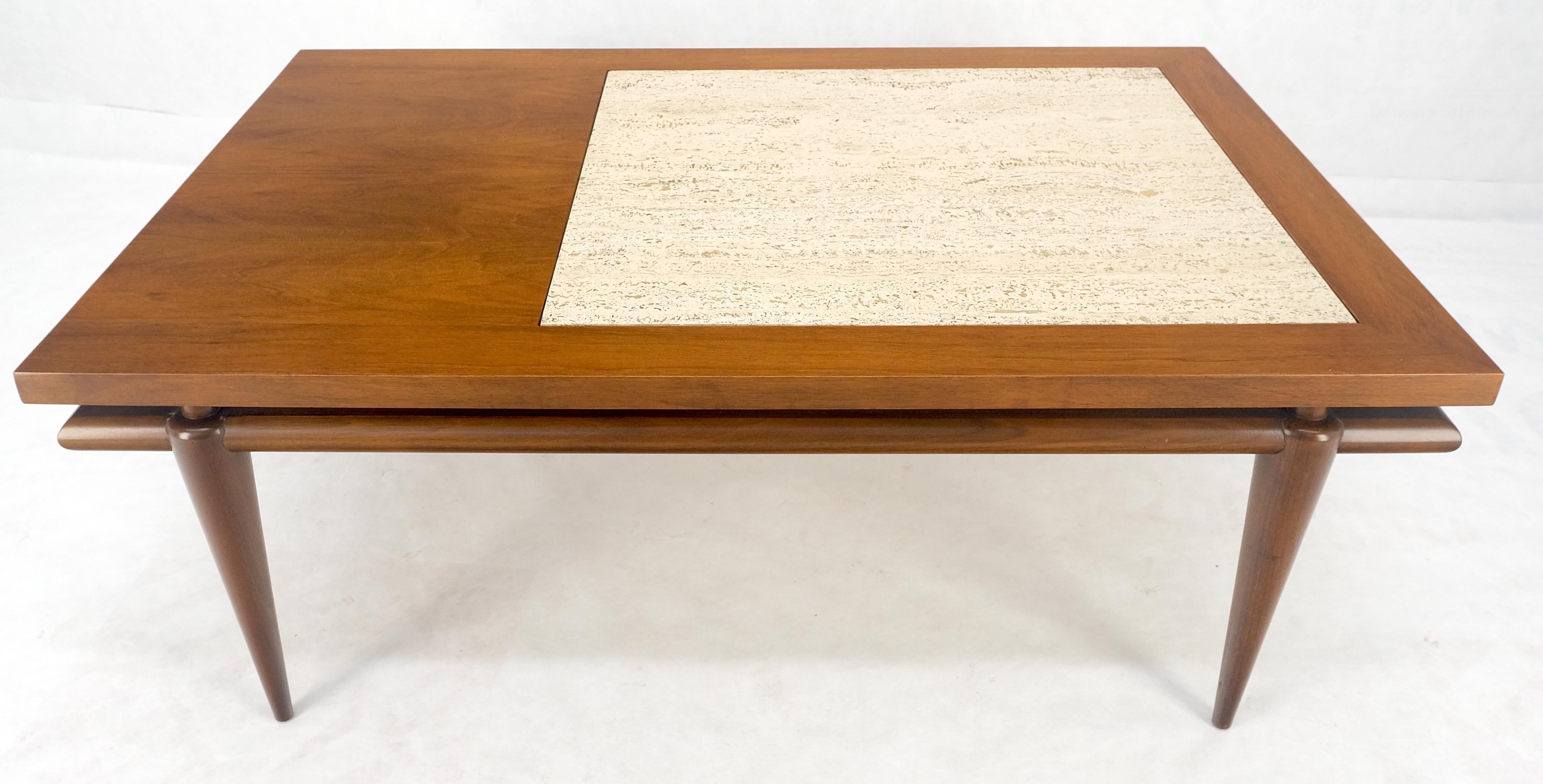 Floating Walnut Top Travertine Insert Tapered legs Rectangle Coffee Table MINT! For Sale 1