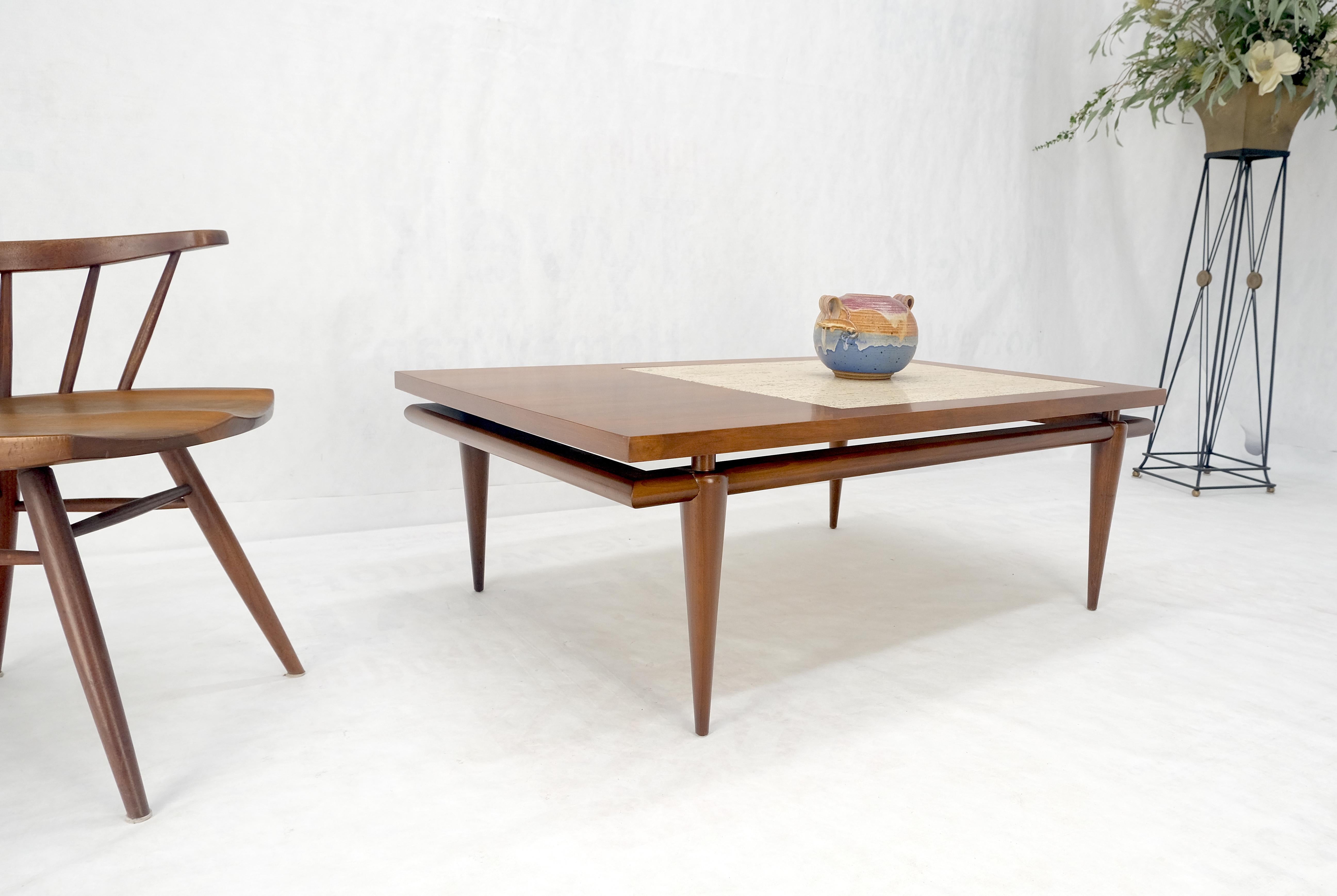 Floating Walnut Top Travertine Insert Tapered legs Rectangle Coffee Table MINT! For Sale 2