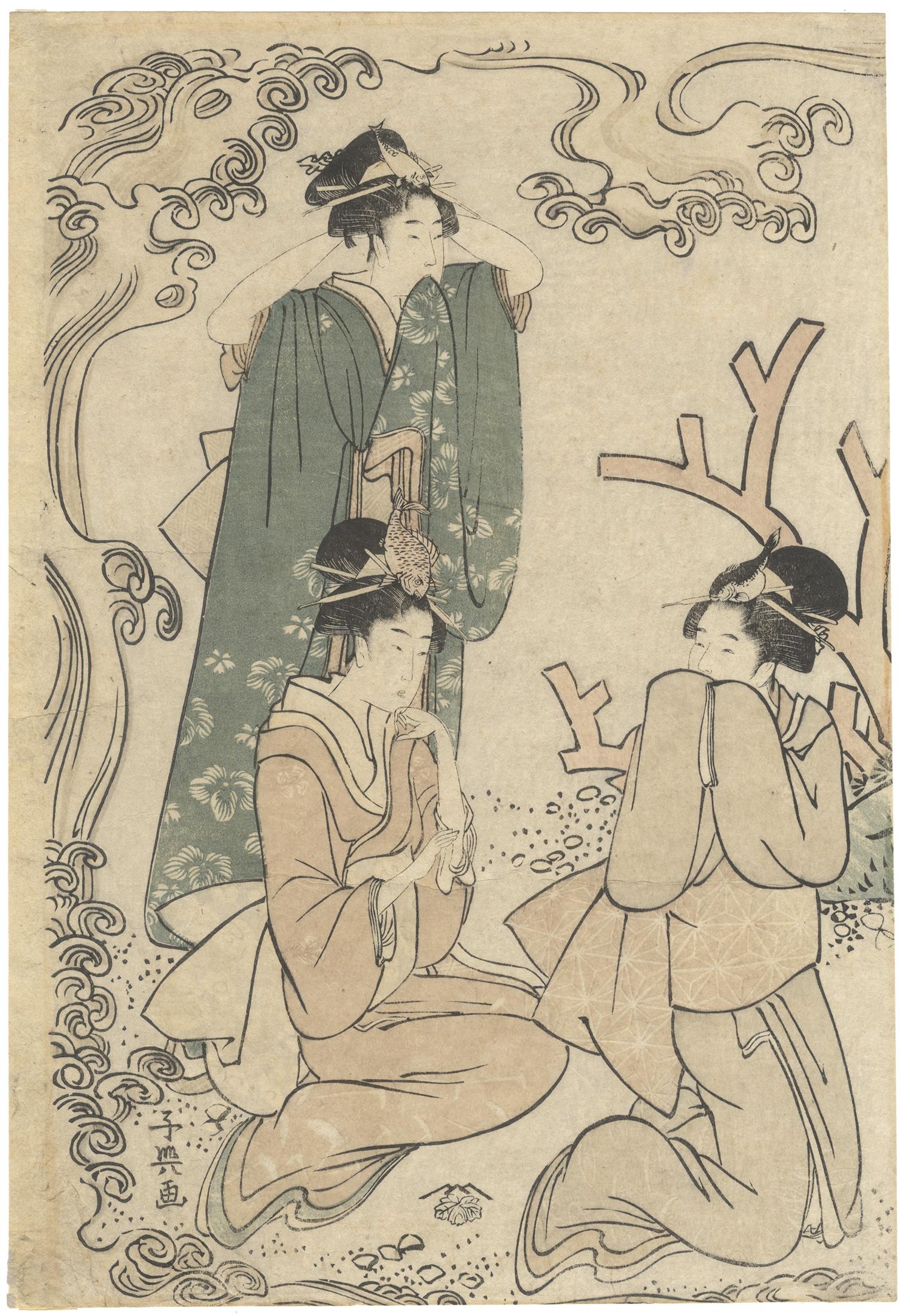 Artiste : Choki Eishosai [signé Shiko Momokawa] (act. 1781-1813)
Titre : Parodie de Urashima Taro
Editeur : Tsutaya Juzaburo
Date : Fin du 18e/ début du 19e siècle 
Dimensions : (L) 22,5 x 32,6 (C) 22,4 x 32,6 (R) 22,7 x 32,4 cm
 
Une scène