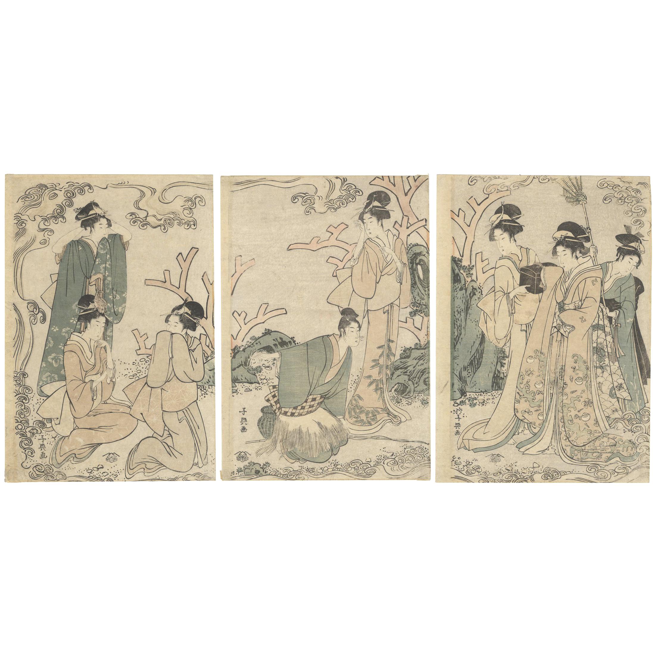 Art du monde flottant, gravure sur bois japonaise originale, beauté, période Edo, vagues en vente
