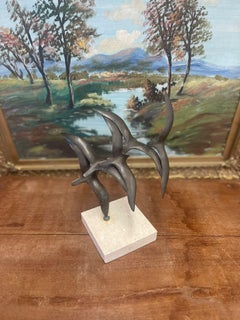 Flock of Seagulls in Flight Sculpture. Possibly Bronze on Marble.