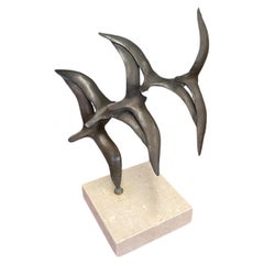 Flock of Seagulls in Flight Sculpture. Possibly Bronze on Marble.