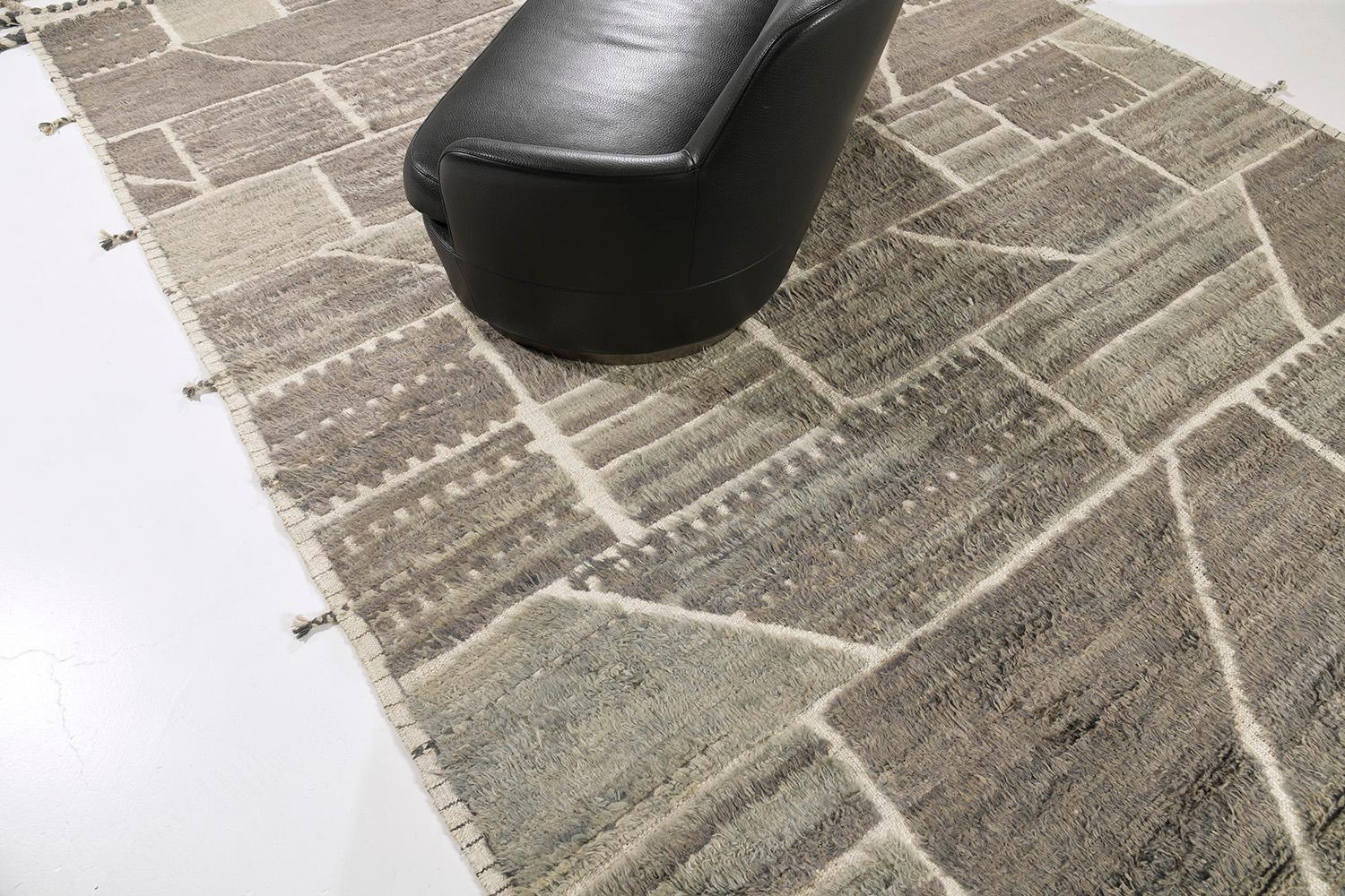 Flogen features its embossed pile weave of gray tones with pigments of muted brown and a remarkable layout. A contemporary and modern masterpiece that modifies your home into a sophisticated and chic home. Mehraban's Atlas collection is noted for