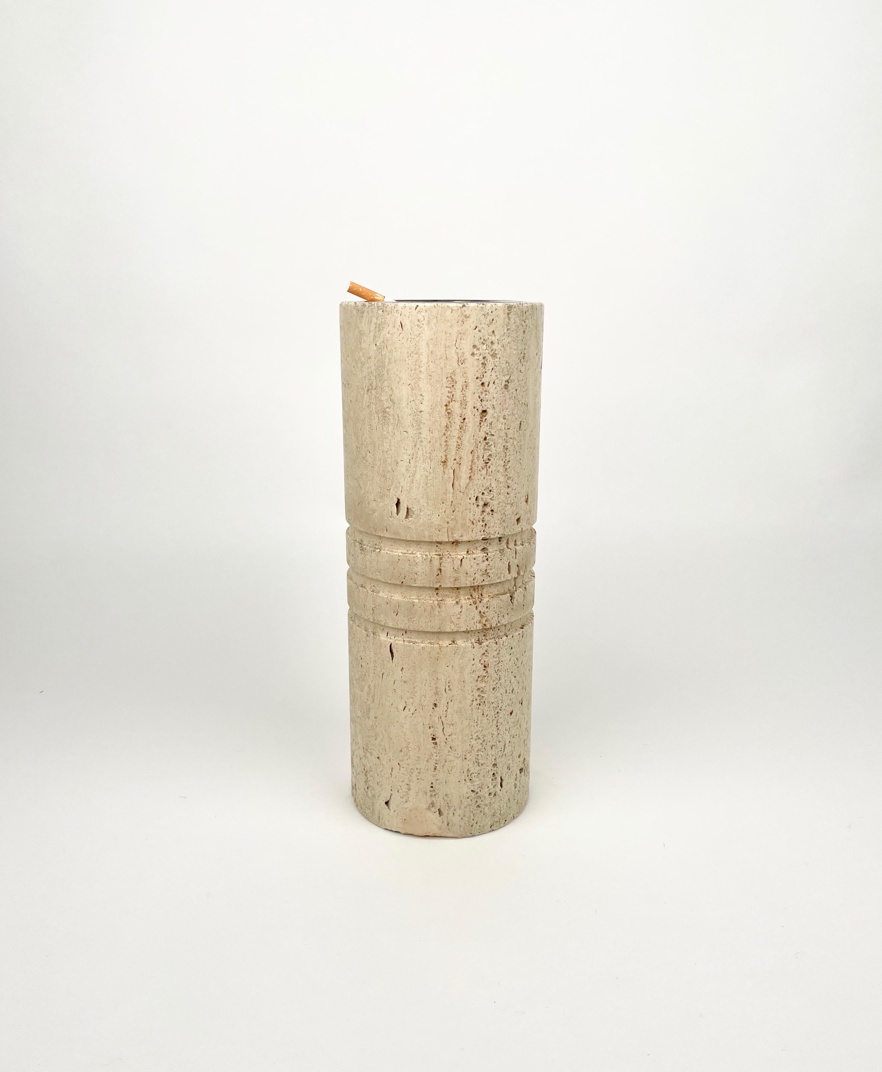 Late 20th Century Floor Ashtray Travertine & Steel Fratelli Mannelli Style, Italy, 1970s For Sale
