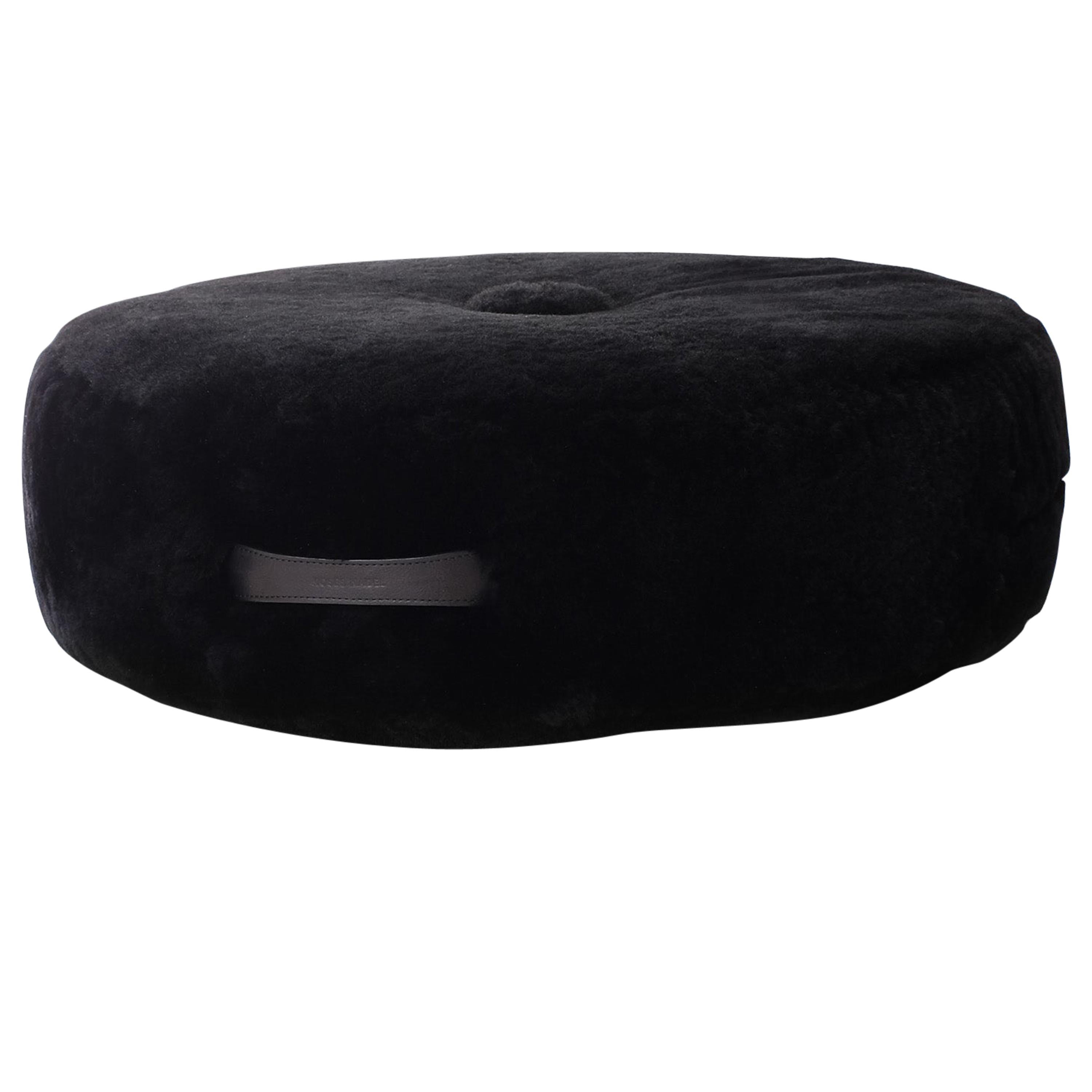 20"Ø x 5" Shearling Black Floor Cushion by Moses Nadel For Sale