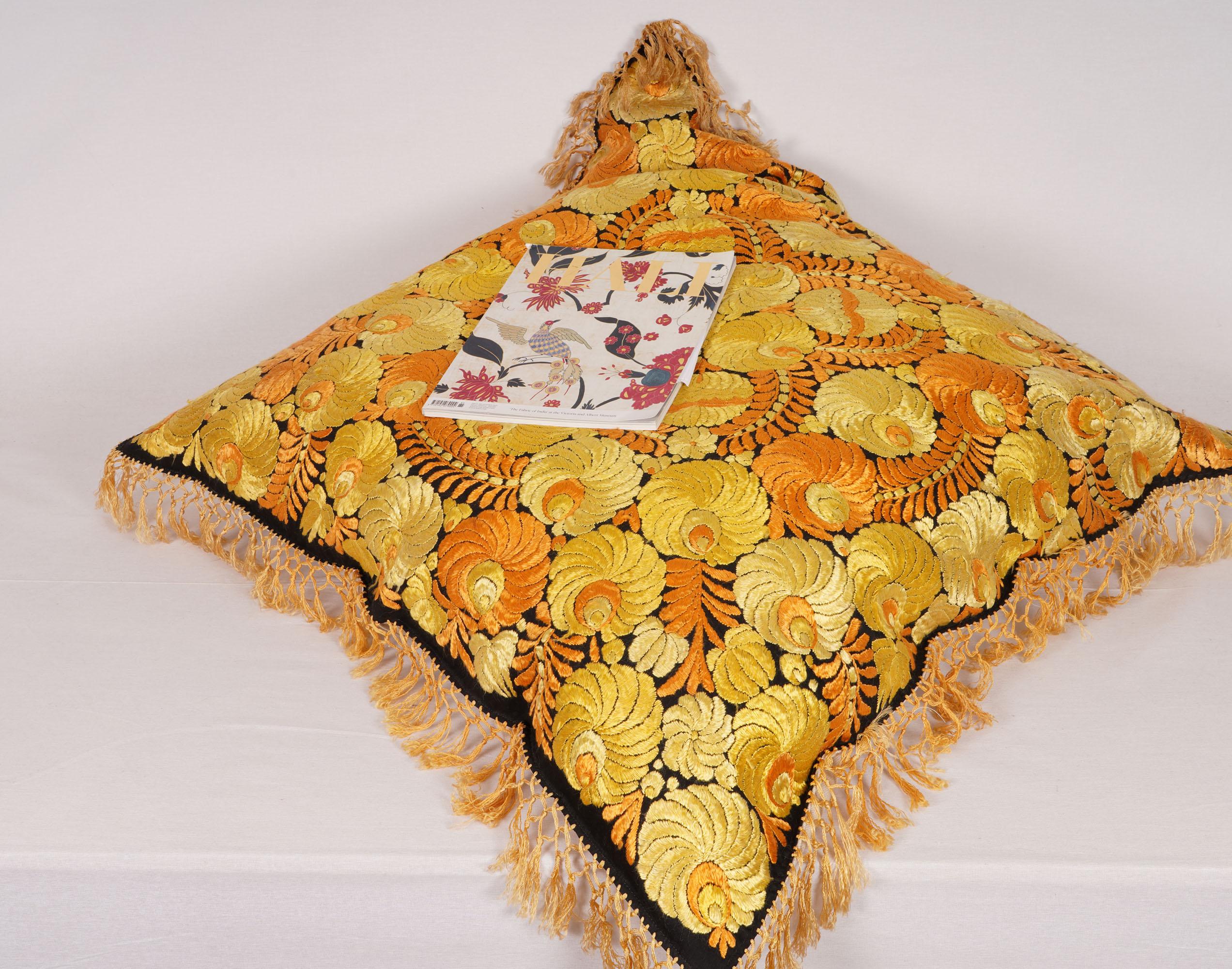Silk Floor Cushion, Pillowcase Made from a Matyo Embroidery, Hungary, Early 20th C For Sale