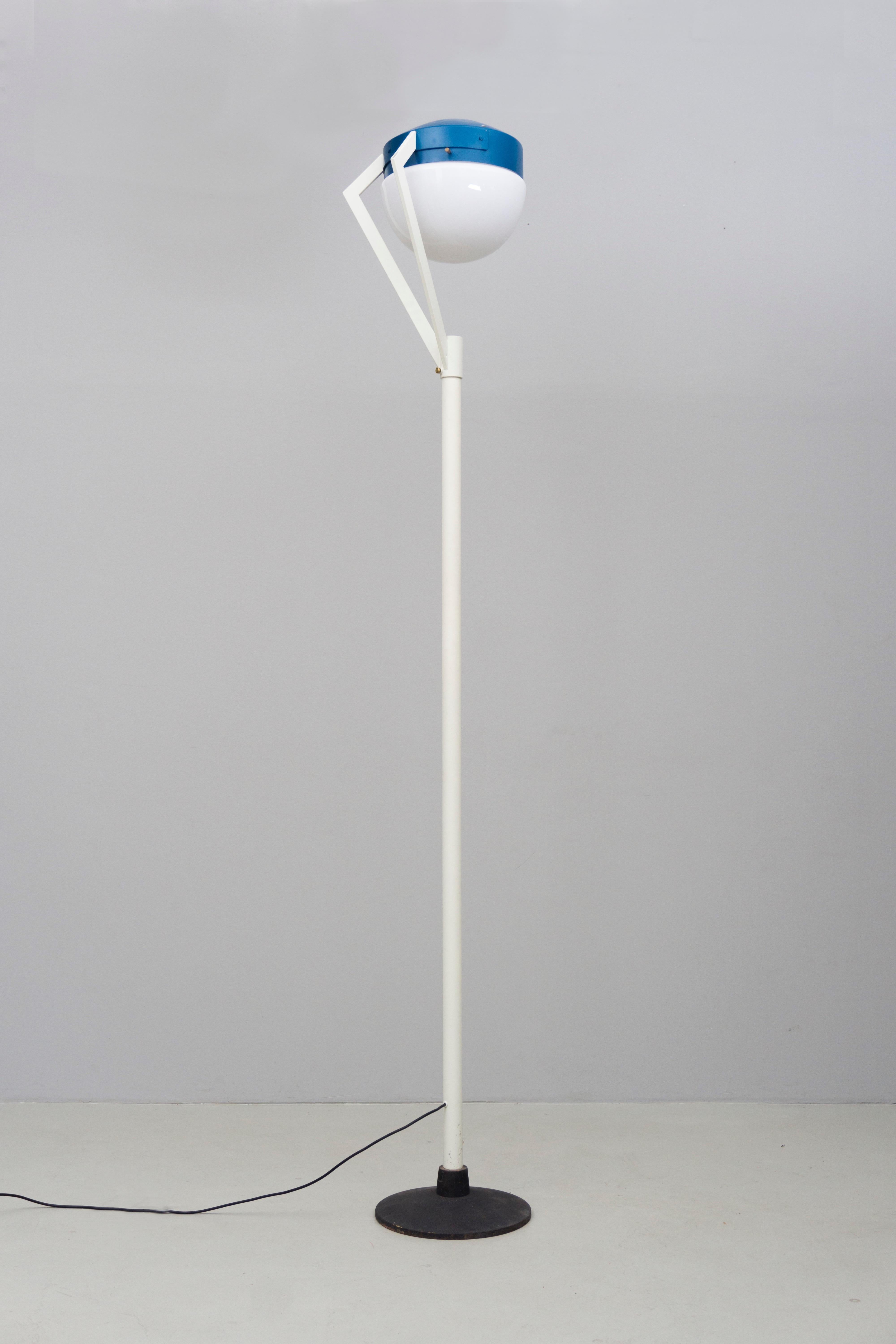 Eccentric floor lamp by Bruno Gatta, made of metal, lacquered in blue and white, blue reflector and white round opaline glass. Labeled Stilnovo.

Two pieces available, price is for one.


Bruno Gatta (1904) was born in to a family of Industrial