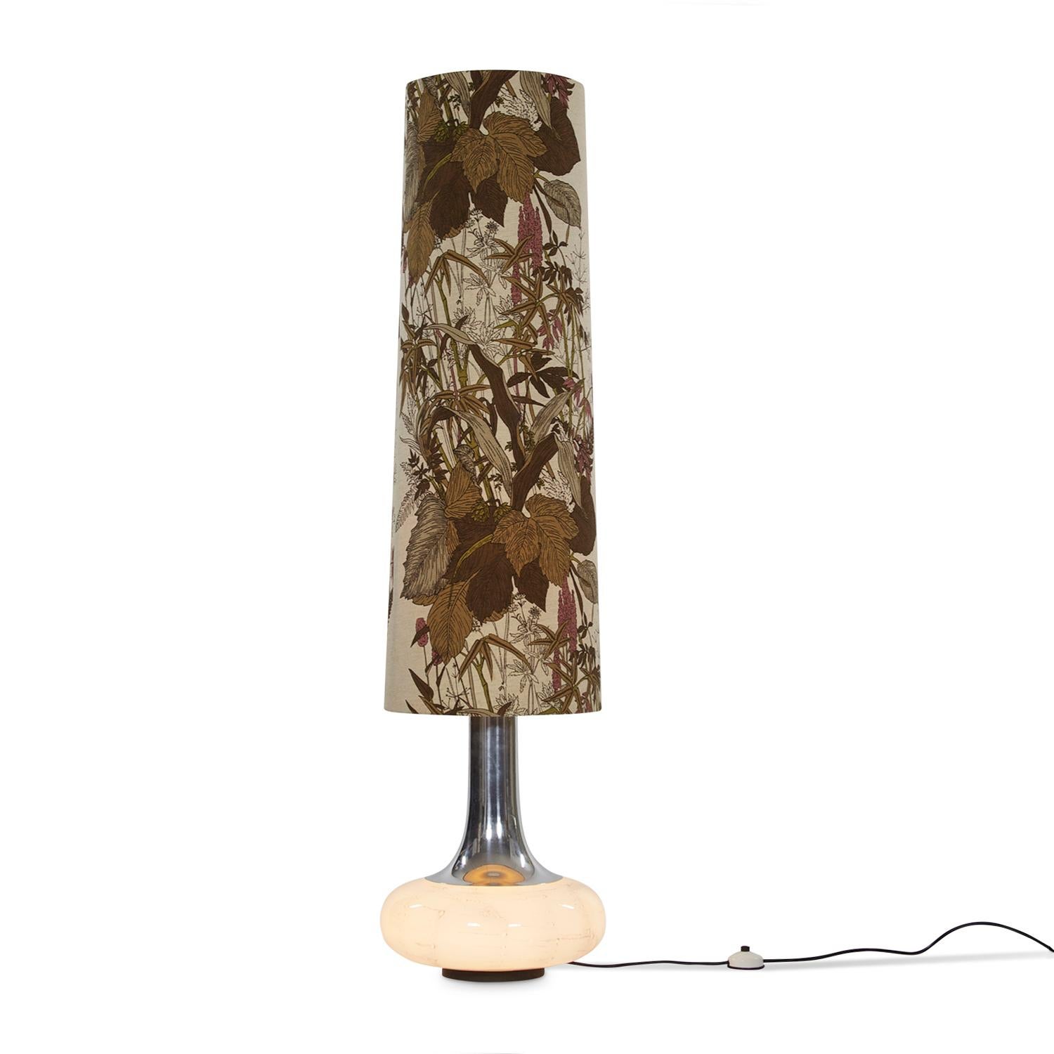 Mid-Century Modern Floor Lamp with Glass Base and Fabric Shade with Floral Pattern, 1970s