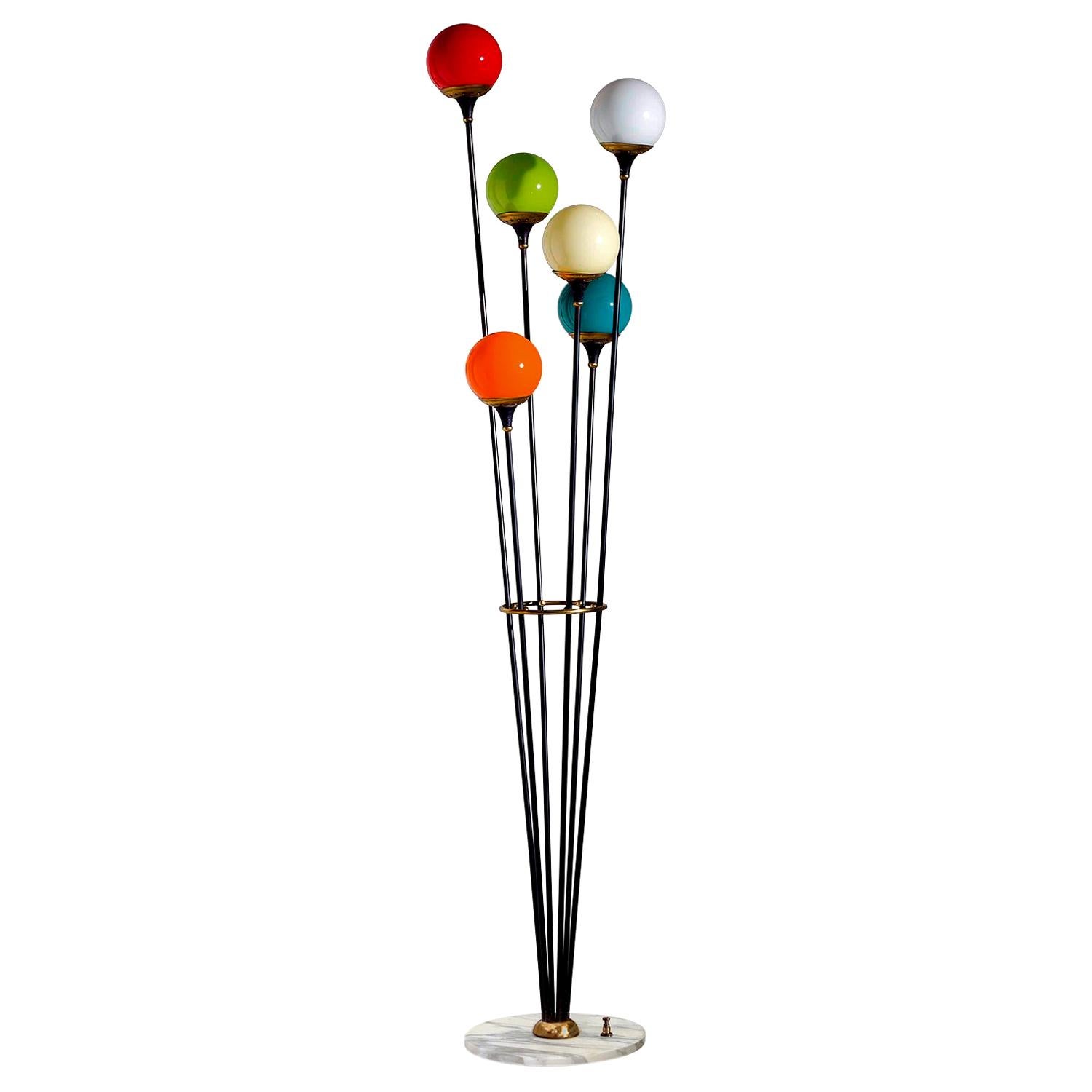 Floor Lamp ‘Alberello’ by Stilnovo with Six Colored Murano Glass Balls, 1950s