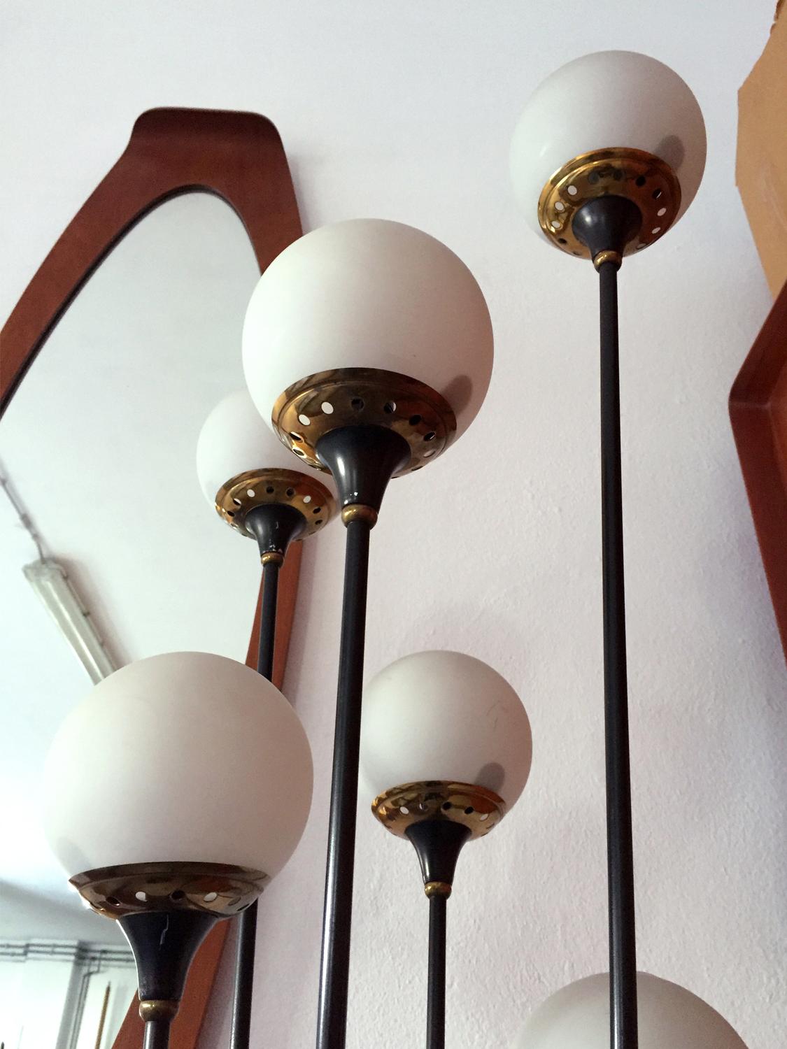 Mid-Century Modern Floor Lamp ‘Alberello’ by Stilnovo, Six Opaline Blown Murano Glass Balls, 1950s