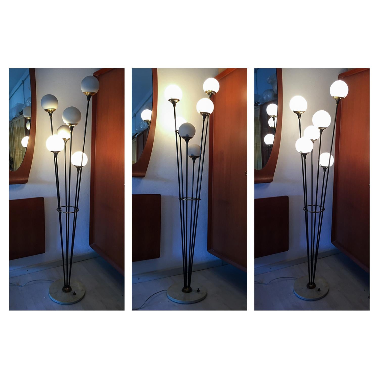 Floor Lamp ‘Alberello’ by Stilnovo, Six Opaline Blown Murano Glass Balls, 1950s 1