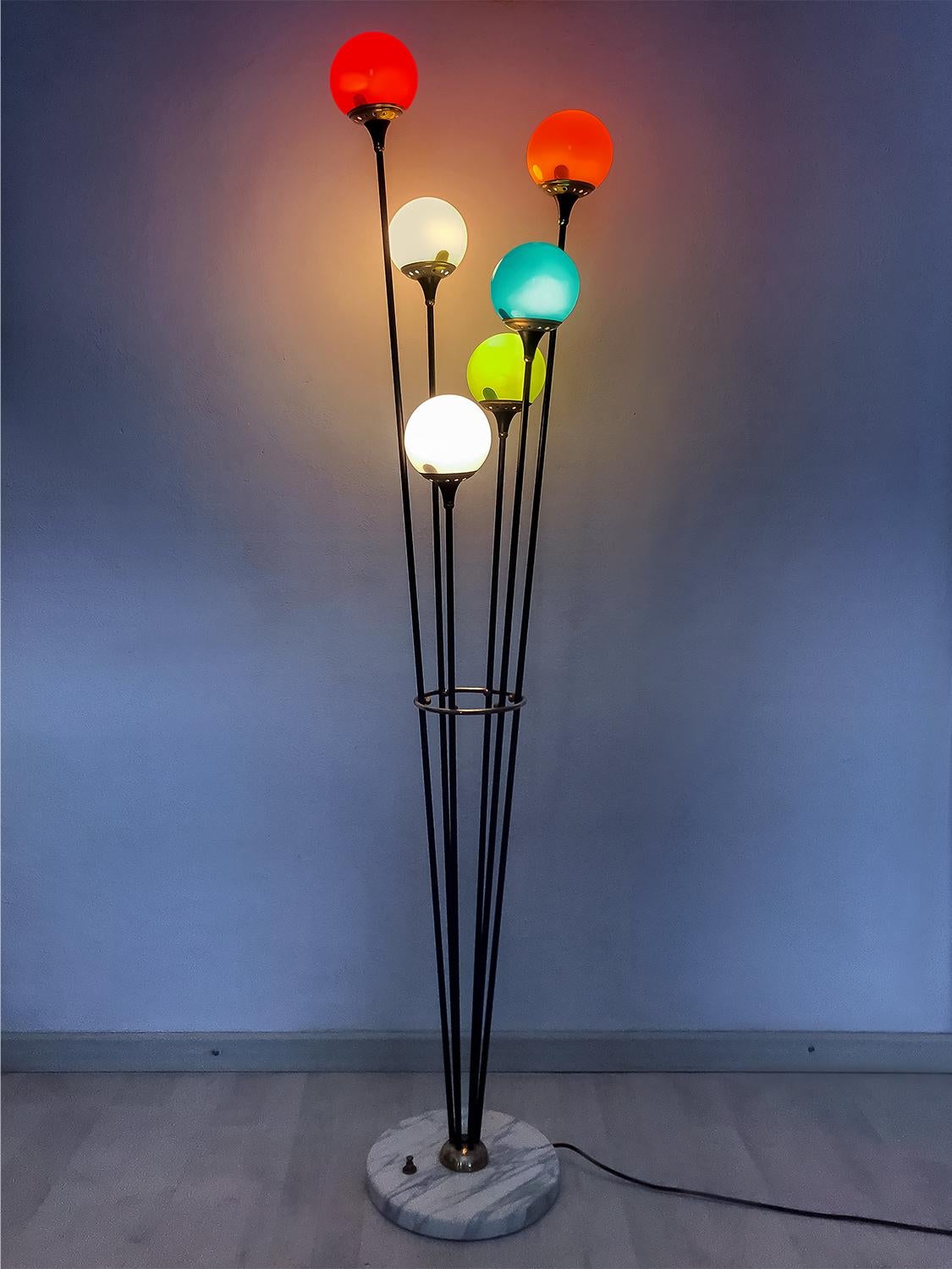 Floor Lamp ‘Alberello’ by Stilnovo with Six Colored Murano Glass Balls, 1950s 3