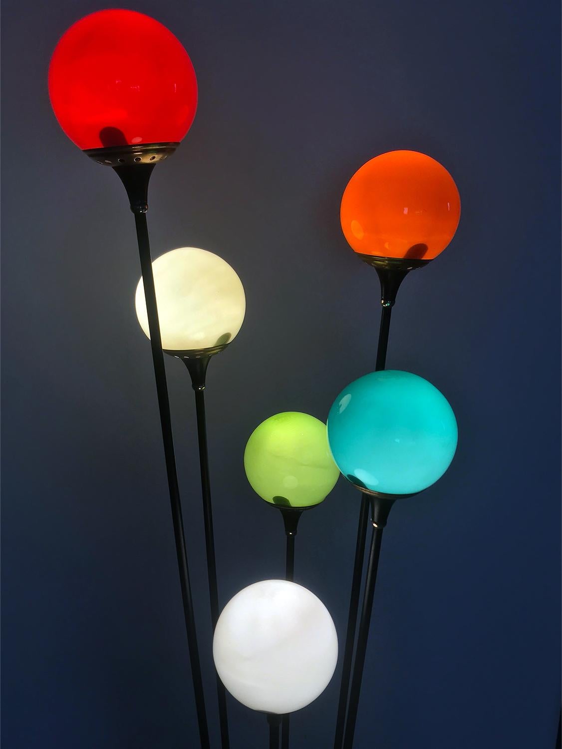 Mid-Century Modern Floor Lamp ‘Alberello’ by Stilnovo with Six Colored Murano Glass Balls, 1950s