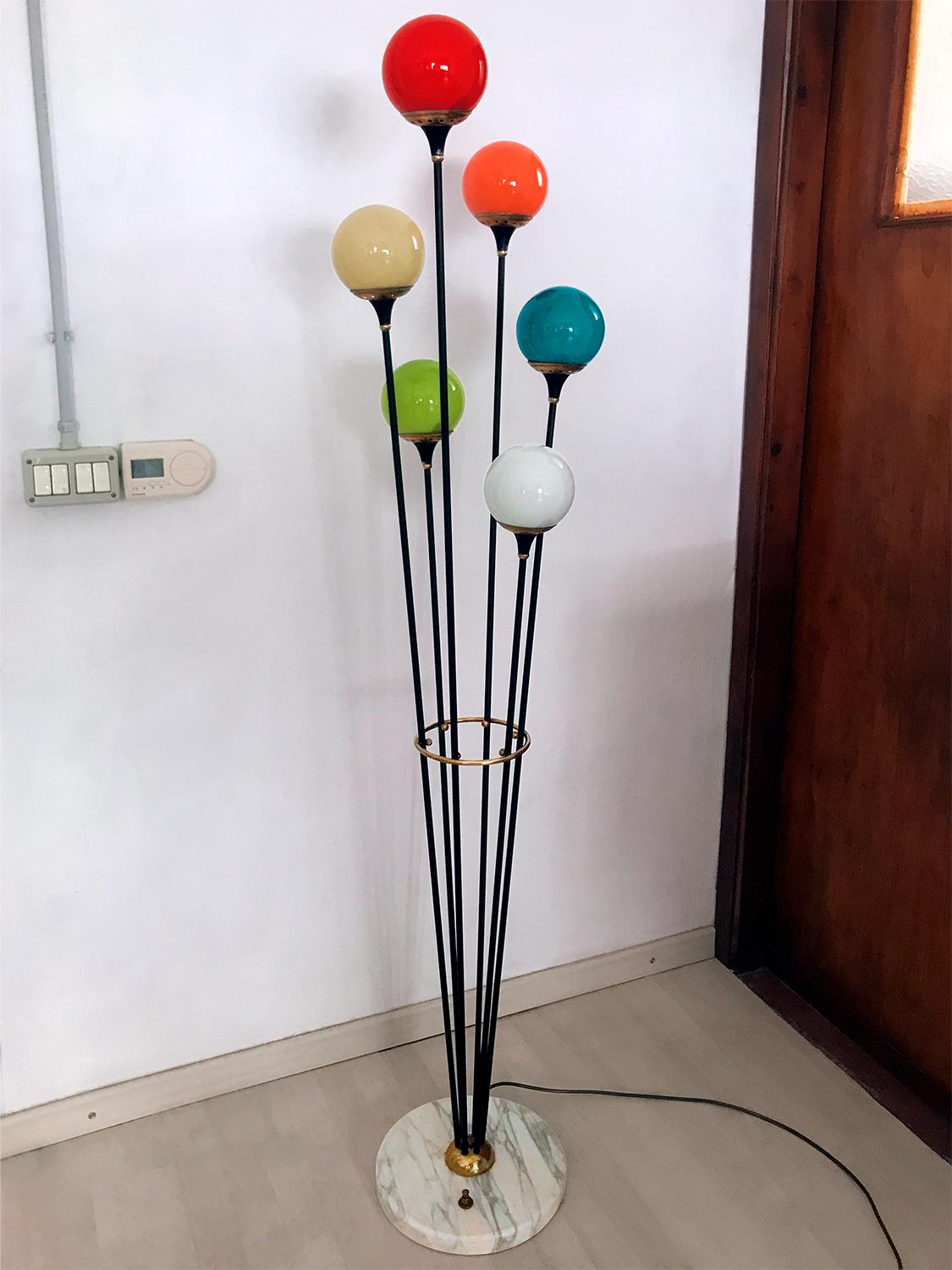 European Floor Lamp ‘Alberello’ by Stilnovo with Six Colored Murano Glass Balls, 1950s