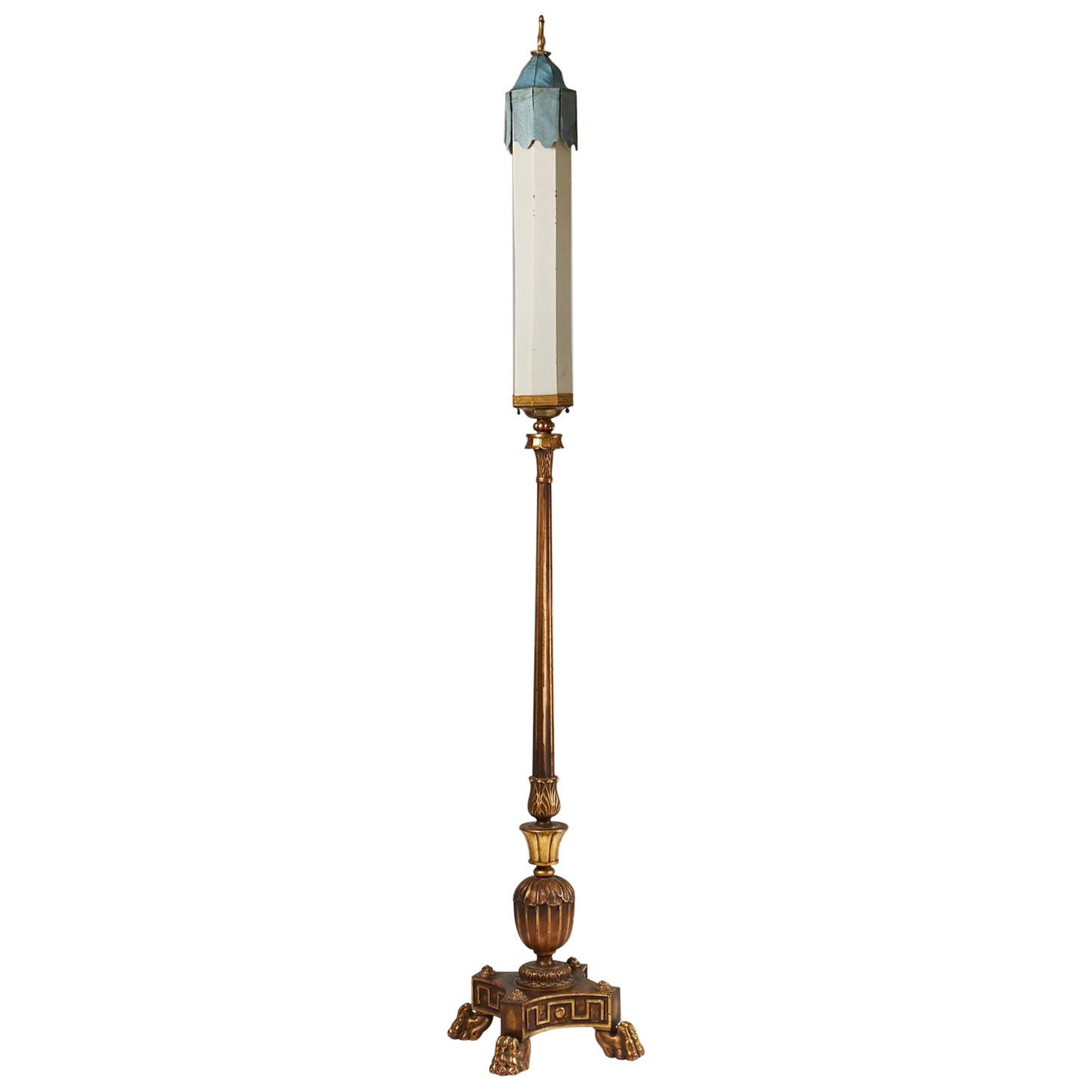 Floor lamp anonymous,
Sweden. 1920's.

Carved gilded wood and brass with original two piece silk shade.

H: 245 cm/ 8''

  