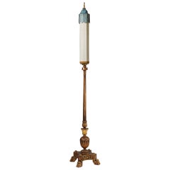 Antique Swedish Floor Lamp, Gilded Wood & Brass, Silk Shade, 1920s