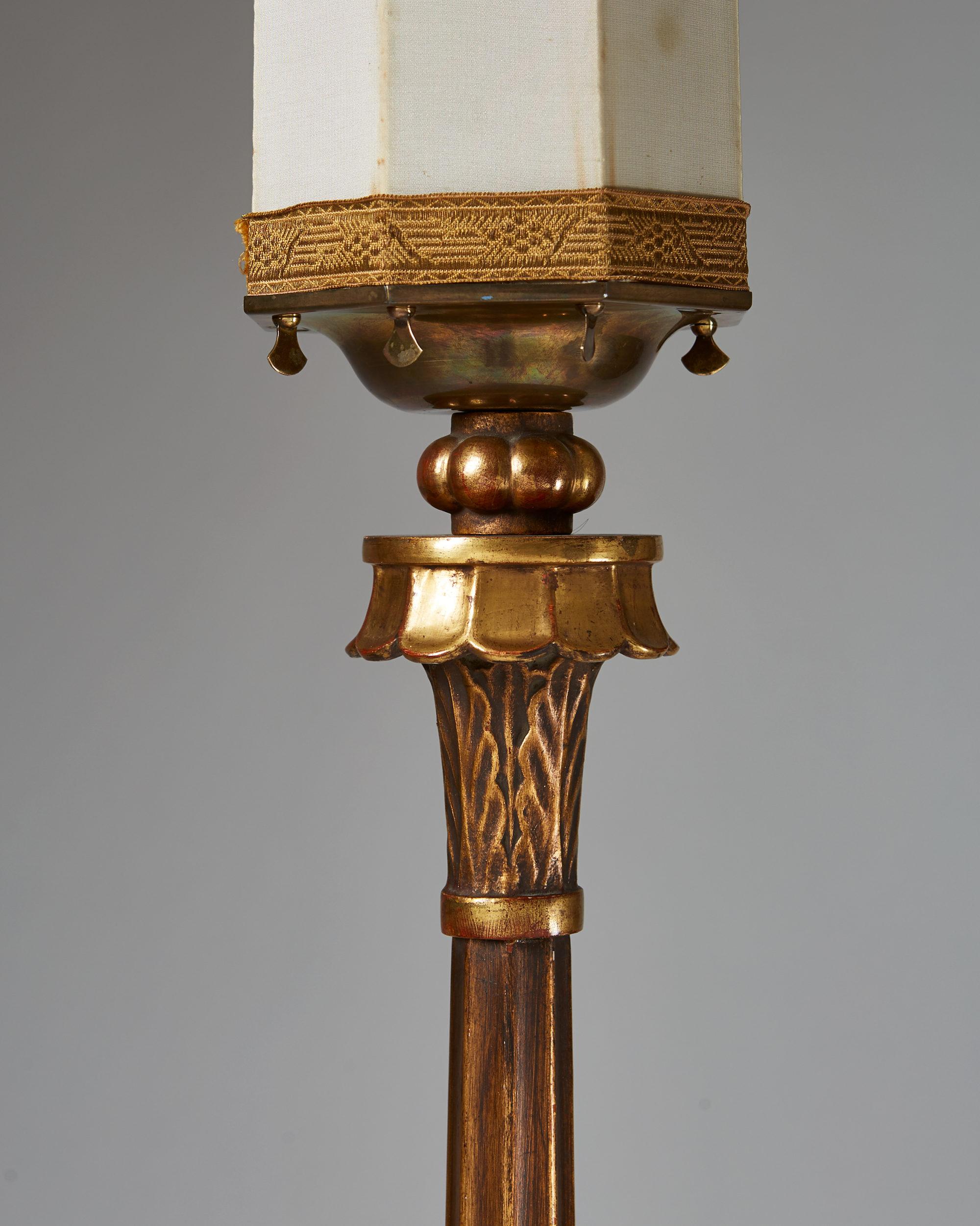 Art Nouveau 1920s Swedish Floor Lamp – Tall Ornamental Base with Architectural Shade For Sale