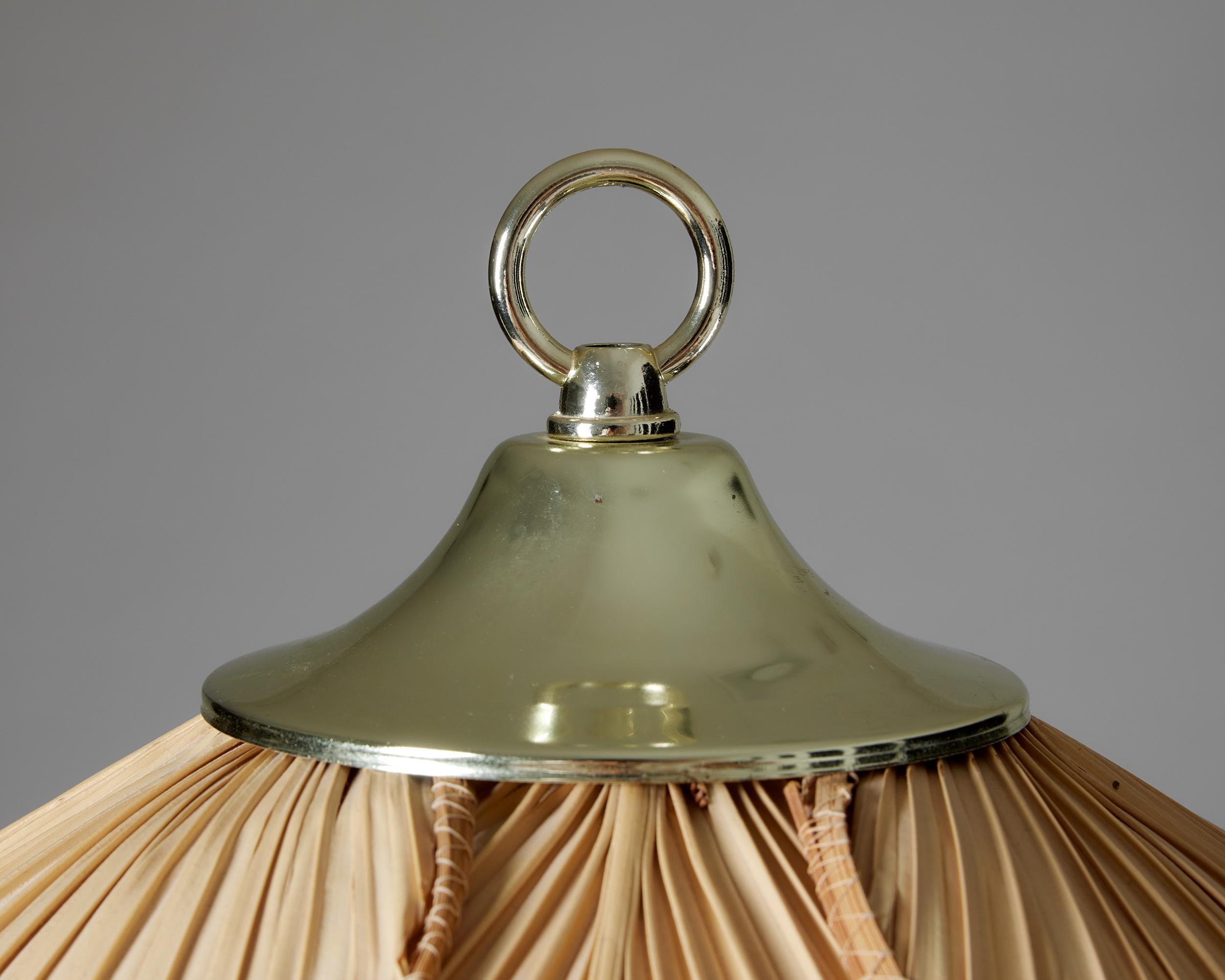Floor lamp, anonymous, Sweden, 1970s, Brass, cane, opal glass 1