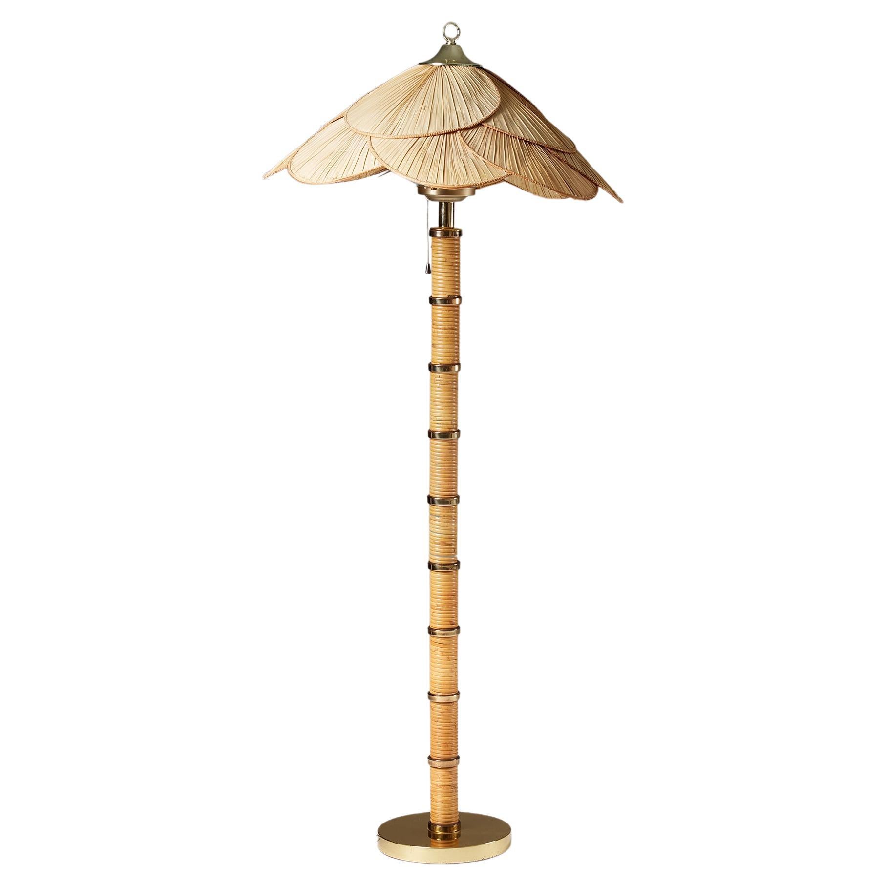 Floor lamp, anonymous, Sweden, 1970s, Brass, cane, opal glass For Sale