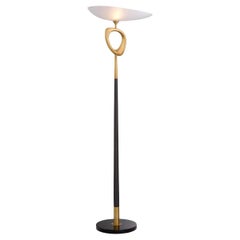 Floor Lamp, Antique Brass Finish, Black Finish, White Glass, Black Marble Base.
