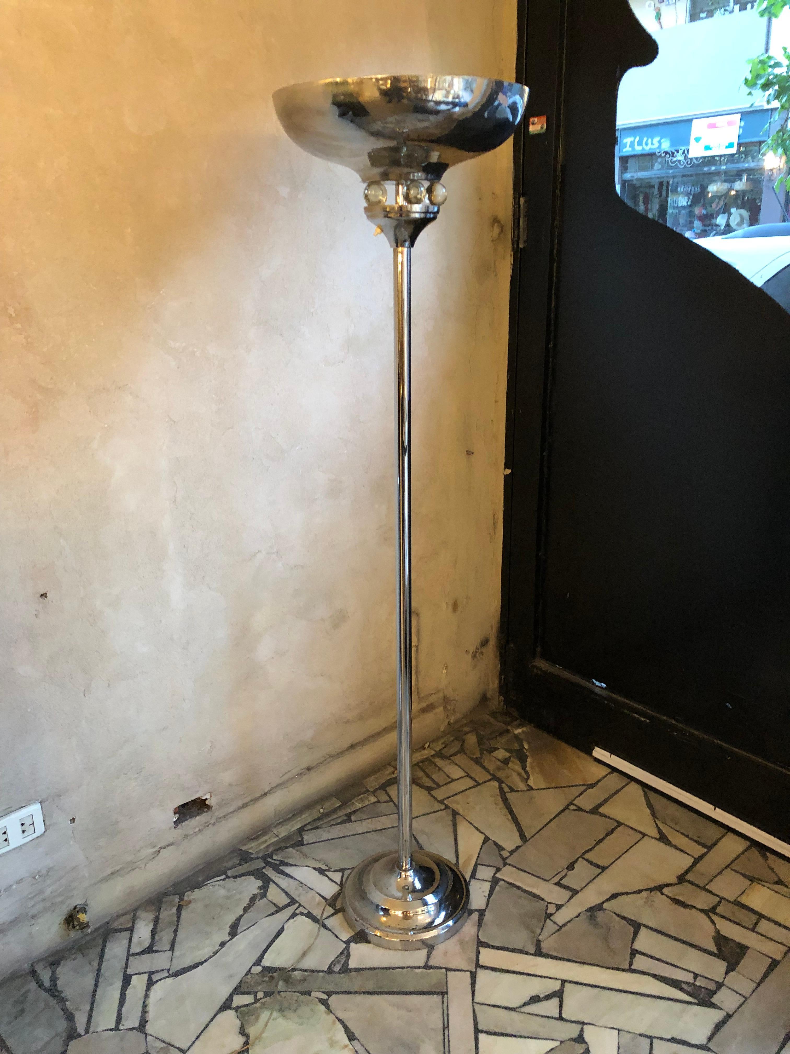 Early 20th Century Floor Lamp Art Deco 1920, German, Materials: Chrome and Glass For Sale