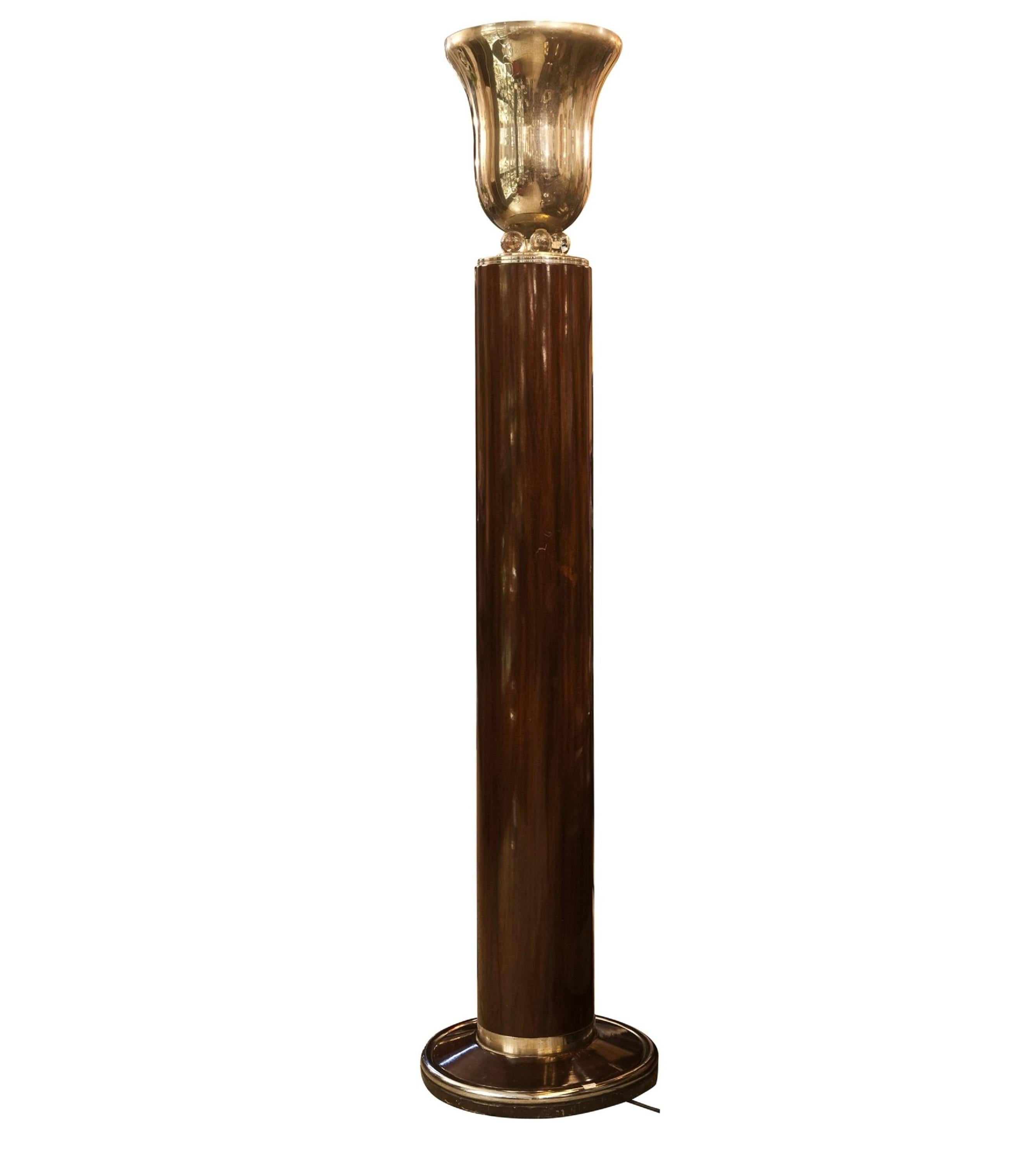 Lampadaire Art Déco 1930, France, Matériaux, bois, verre et bronze chromé en vente