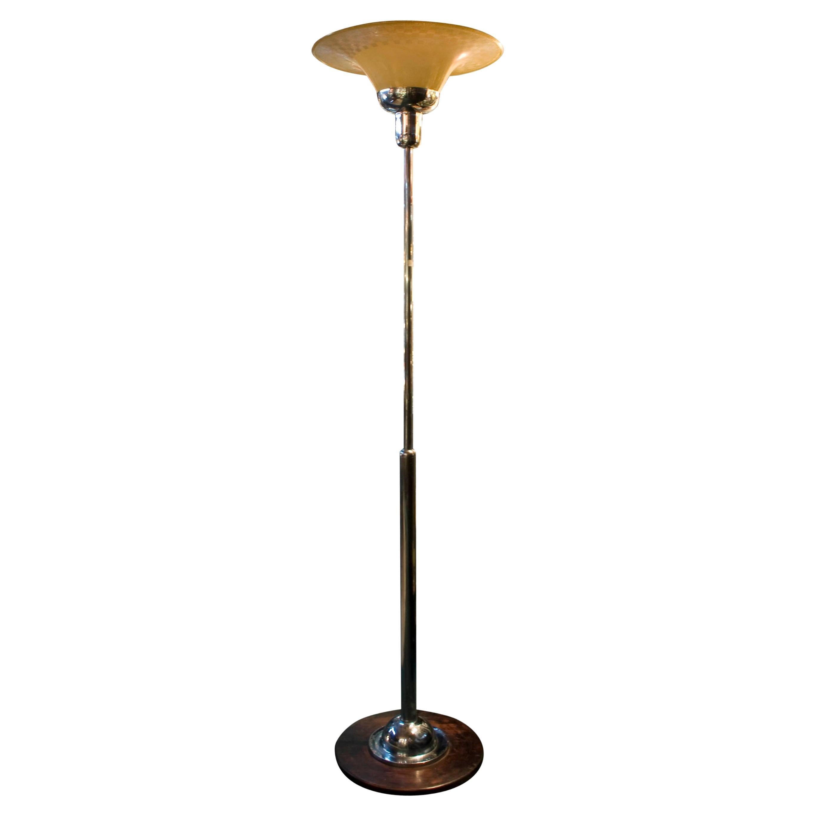 Floor Lamp Art Deco 1930, German, Material: Wood, chrome and glass For Sale