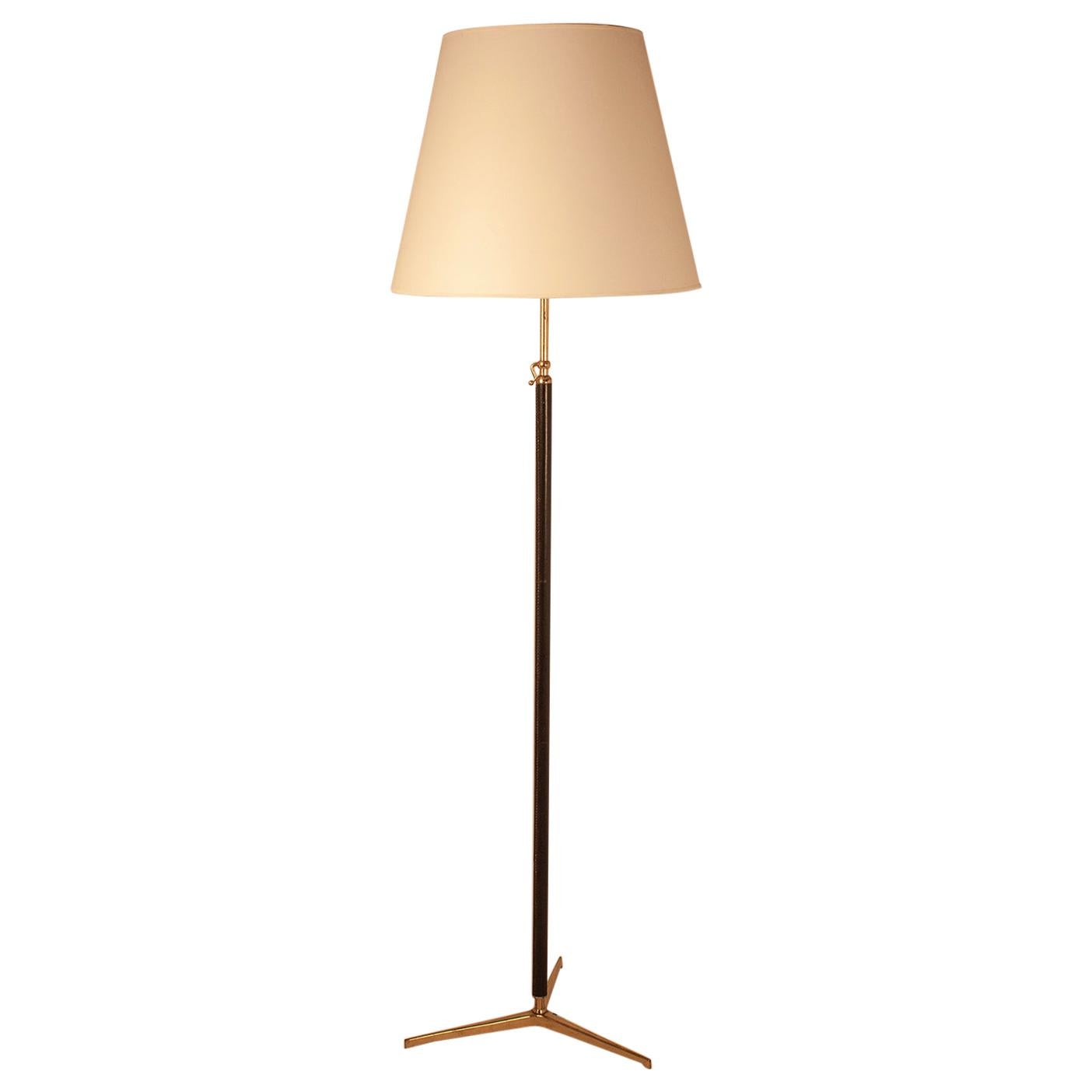 Floor Lamp Attributed to Gino Sarfatti, Midcentury, Leather and Gold Brass